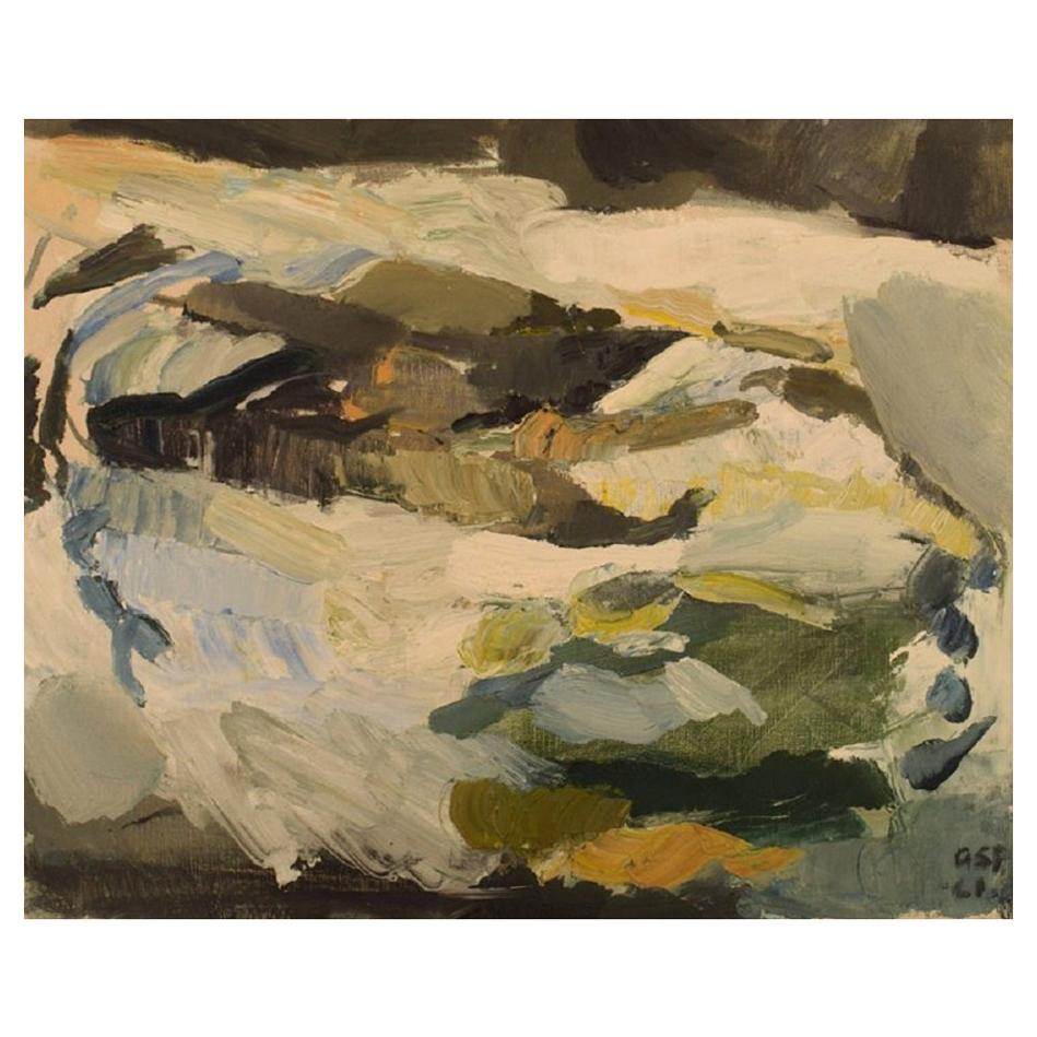 Gösta Asp, Sweden, Oil on Canvas, Abstract Winter Landscape, 1961 For Sale  at 1stDibs