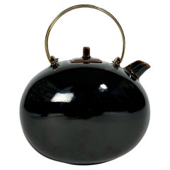 Gösta Grähs Teapot Rörstrand Sweden Stoneware Tea Pot Brass Handles 1980