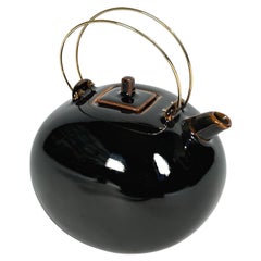 Gösta Grähs Teapot Rörstrand Sweden Stoneware Tea Pot Brass Handles 1980s