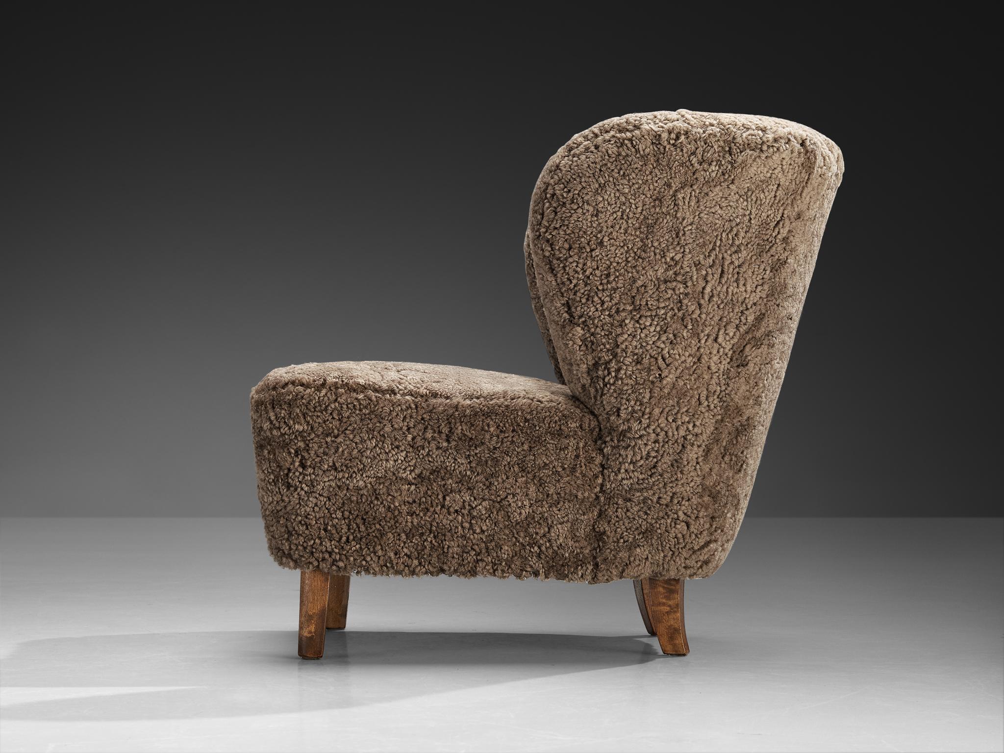 Gösta Jonsson Loungesessel aus dunkelgrauem Schafsleder (Art déco) im Angebot