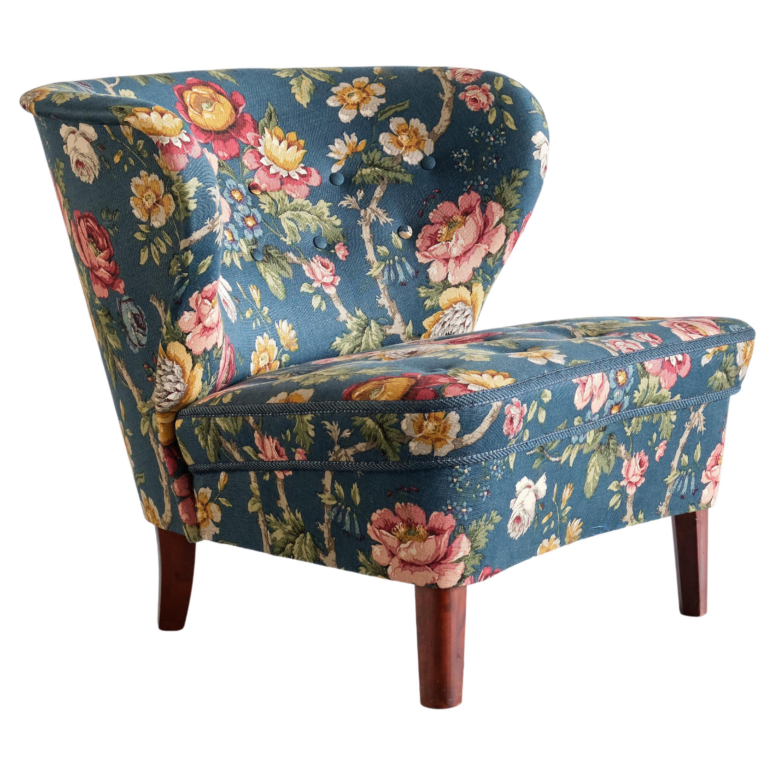 Gösta Jonsson Lounge Chair in Floral Fabric and Birch, Sweden, 1940s For Sale