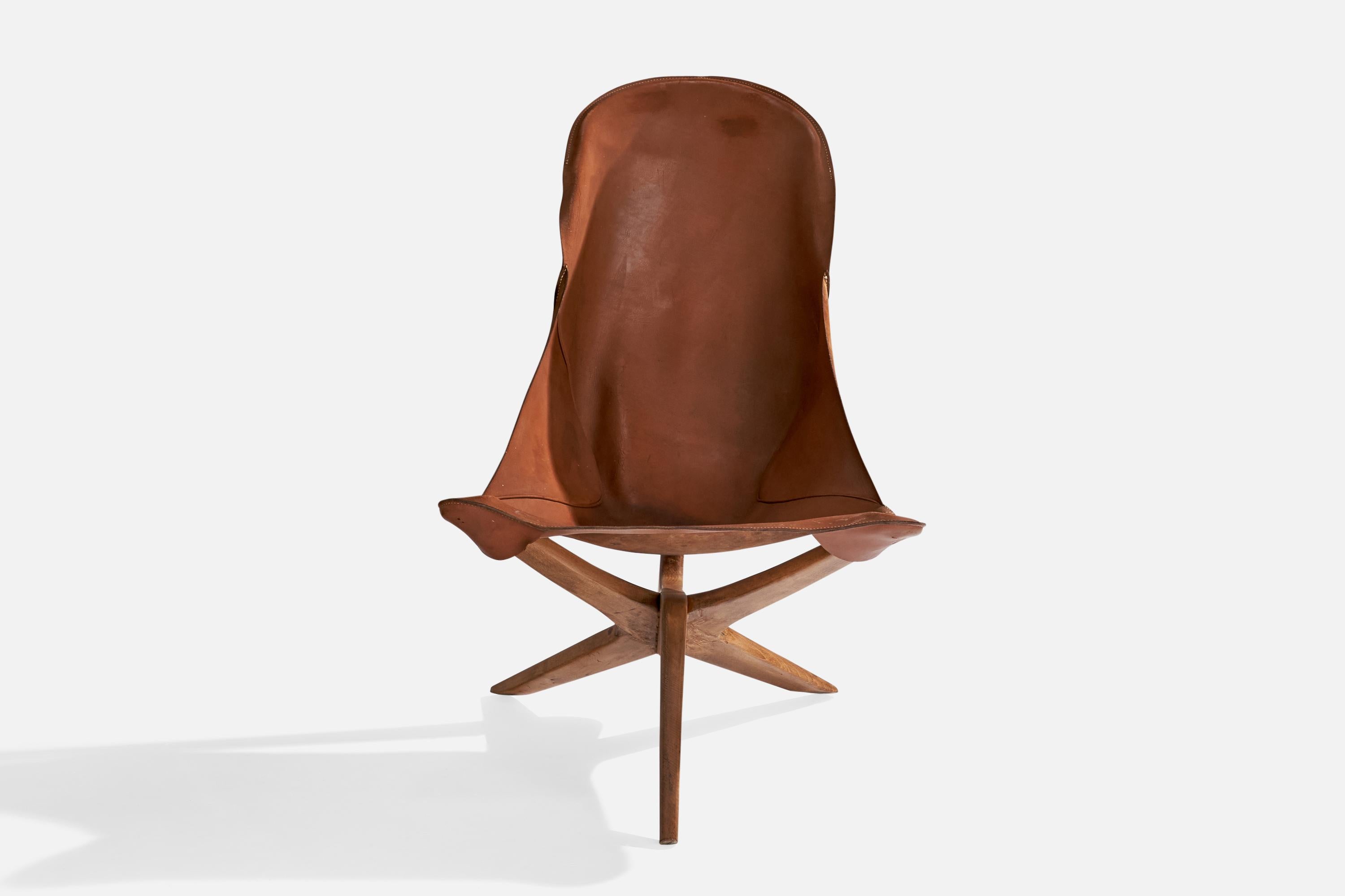 Gösta Westerbergs, Lounge Chair, Beech, Leather, Sweden, 1954 For Sale 6