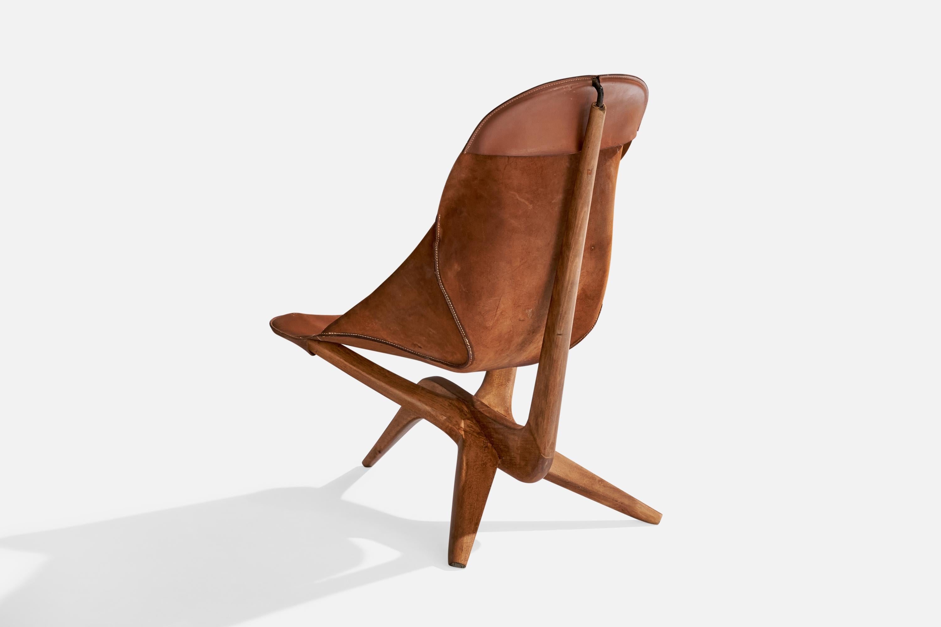 Scandinavian Modern Gösta Westerbergs, Lounge Chair, Beech, Leather, Sweden, 1954 For Sale