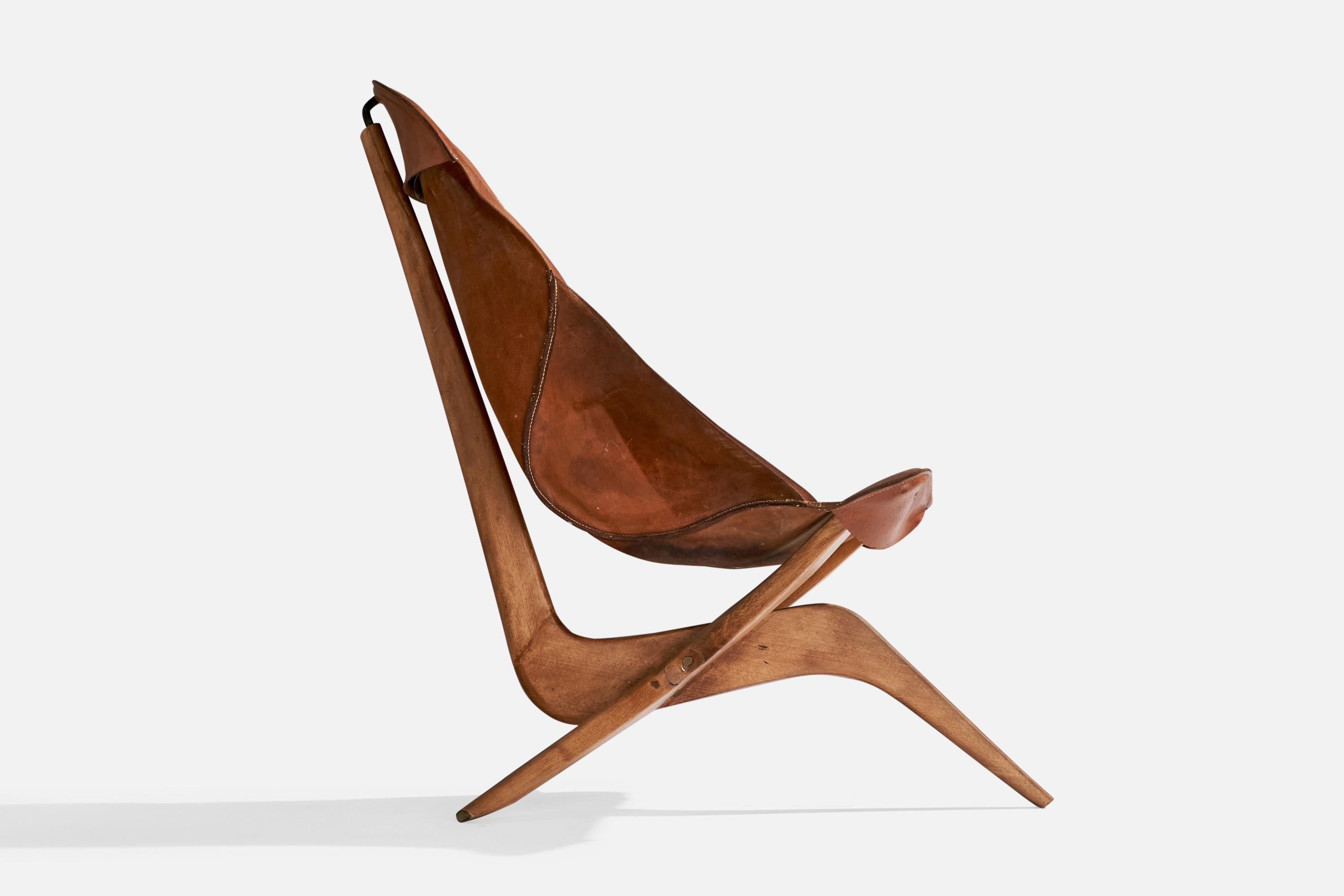 Swedish Gösta Westerbergs, Lounge Chair, Beech, Leather, Sweden, 1954 For Sale