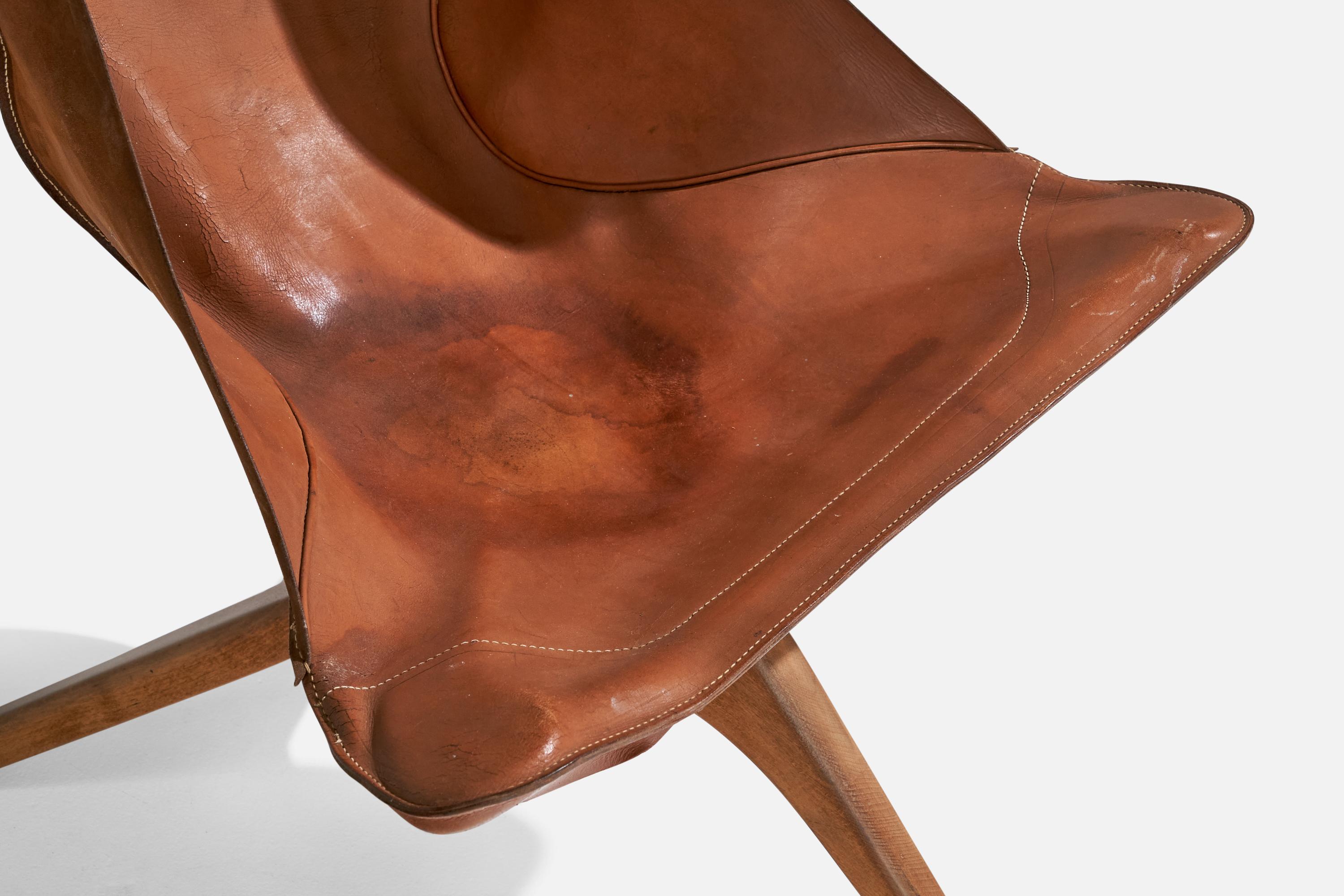 Gösta Westerbergs, Lounge Chair, Beech, Leather, Sweden, 1954 In Fair Condition For Sale In High Point, NC