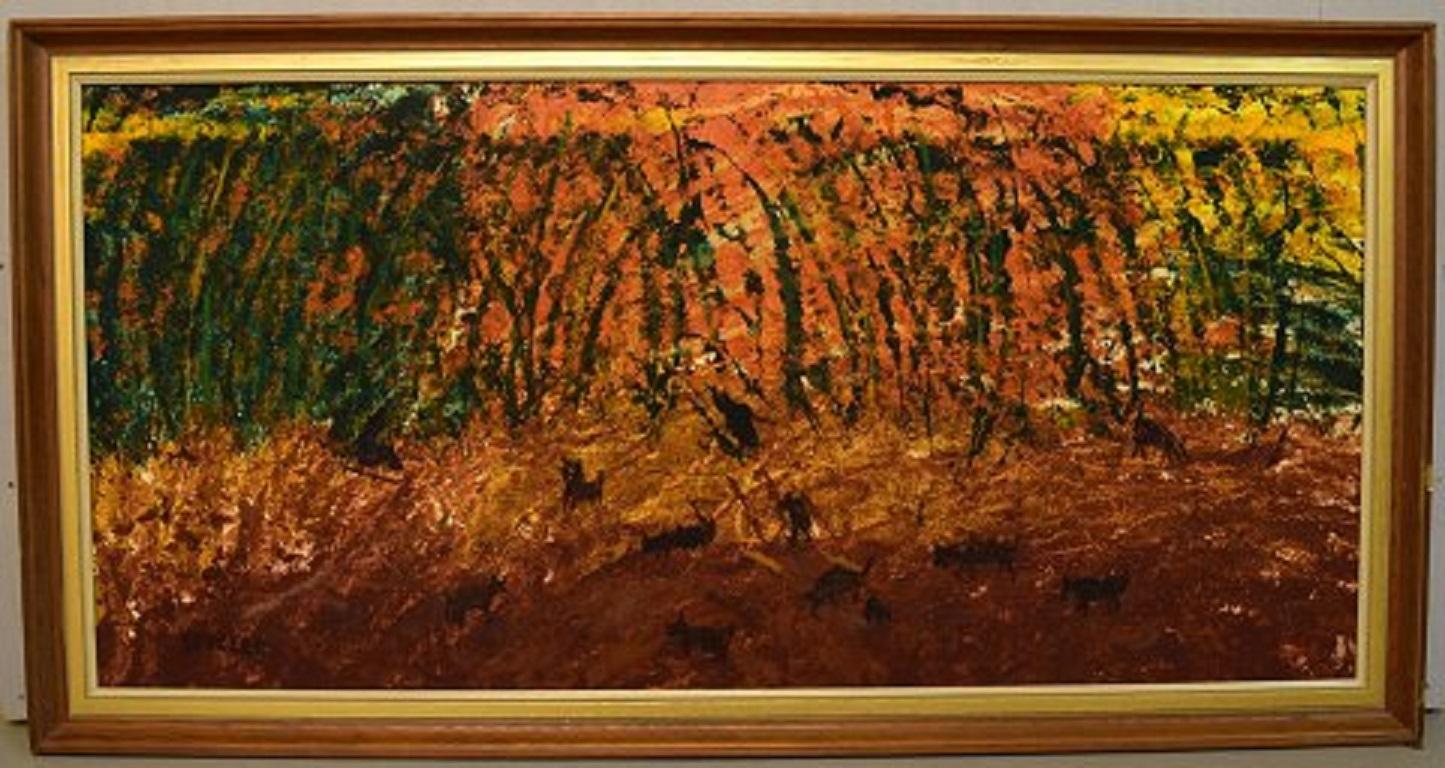 Göta Fogler (1919-1992), Sweden. Oil on canvas. Abstract landscape with animals. 1960's.
The canvas measures: 115 x 54 cm.
The frame measures: 5.5 cm.
In excellent condition.
Signed.