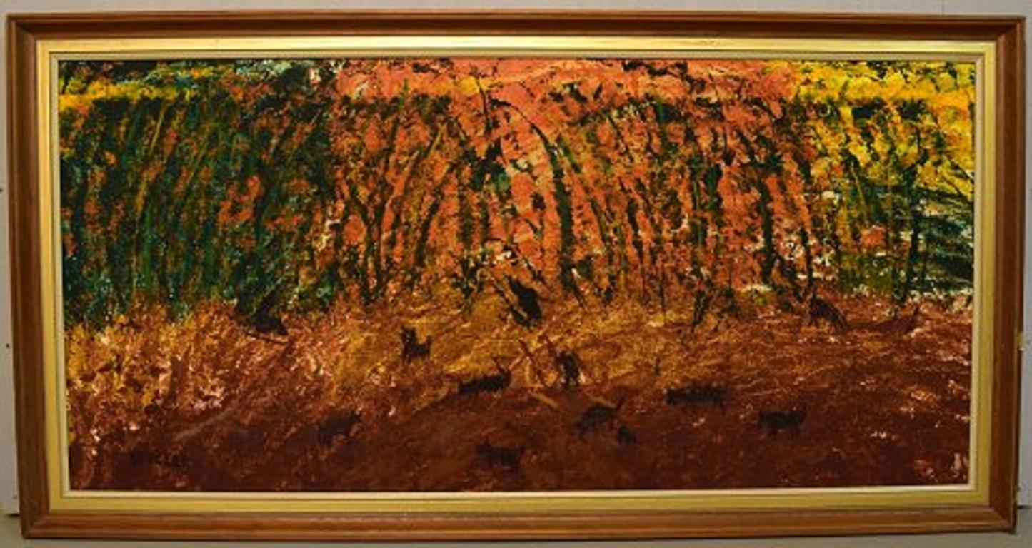 Göta Fogler (1919-1992), Schweden. Öl auf Leinwand. Abstrakte Landschaft mit Tieren. 1960's.
Die Leinwand misst: 115 x 54 cm.
Der Rahmen misst: 5.5 cm.
In ausgezeichnetem Zustand.
Unterschrieben.
