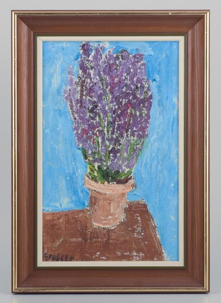 Göta Fogler (1919-1992), Sweden. 
Oil on canvas. 
Modernist still life with flowers in a pot.
1960s.
In perfect condition.
Signed.
Dimensions: 24.0 cm x 38.0 cm.
Total dimensions: 33.0 cm x 47.0 cm.