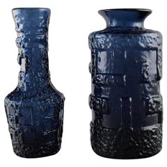 Vintage Göte Augustsson for Ruda, Two Vases in Blue Mouth Blown Art Glass