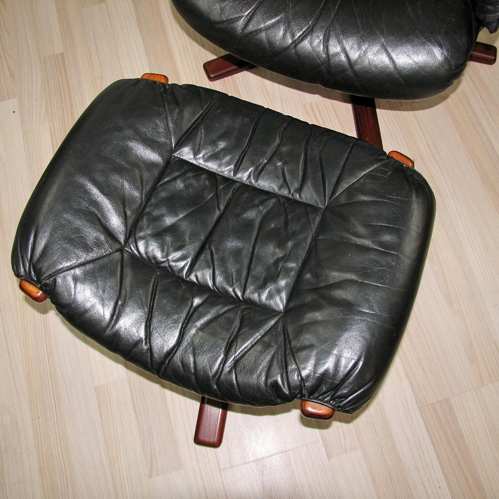 Leather Göte Möbel Swivel Armchair with Footrest, Sweden, 1970s