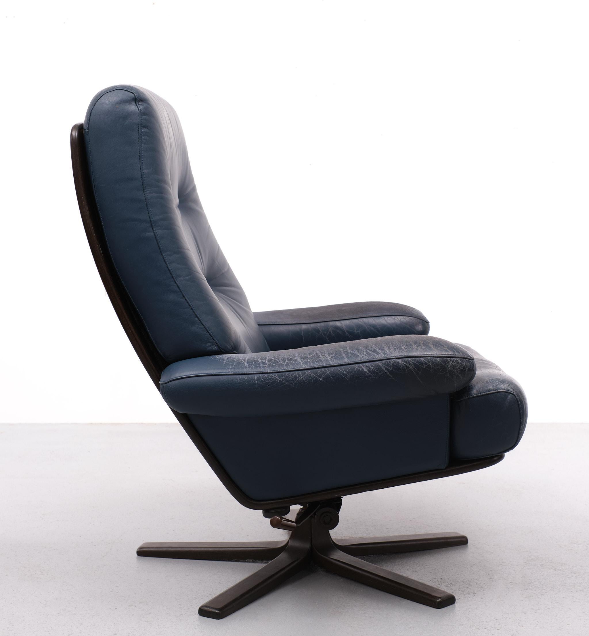 Swedish Göte Mobler Blue Leather Lounge Chair 1960s Sweden
