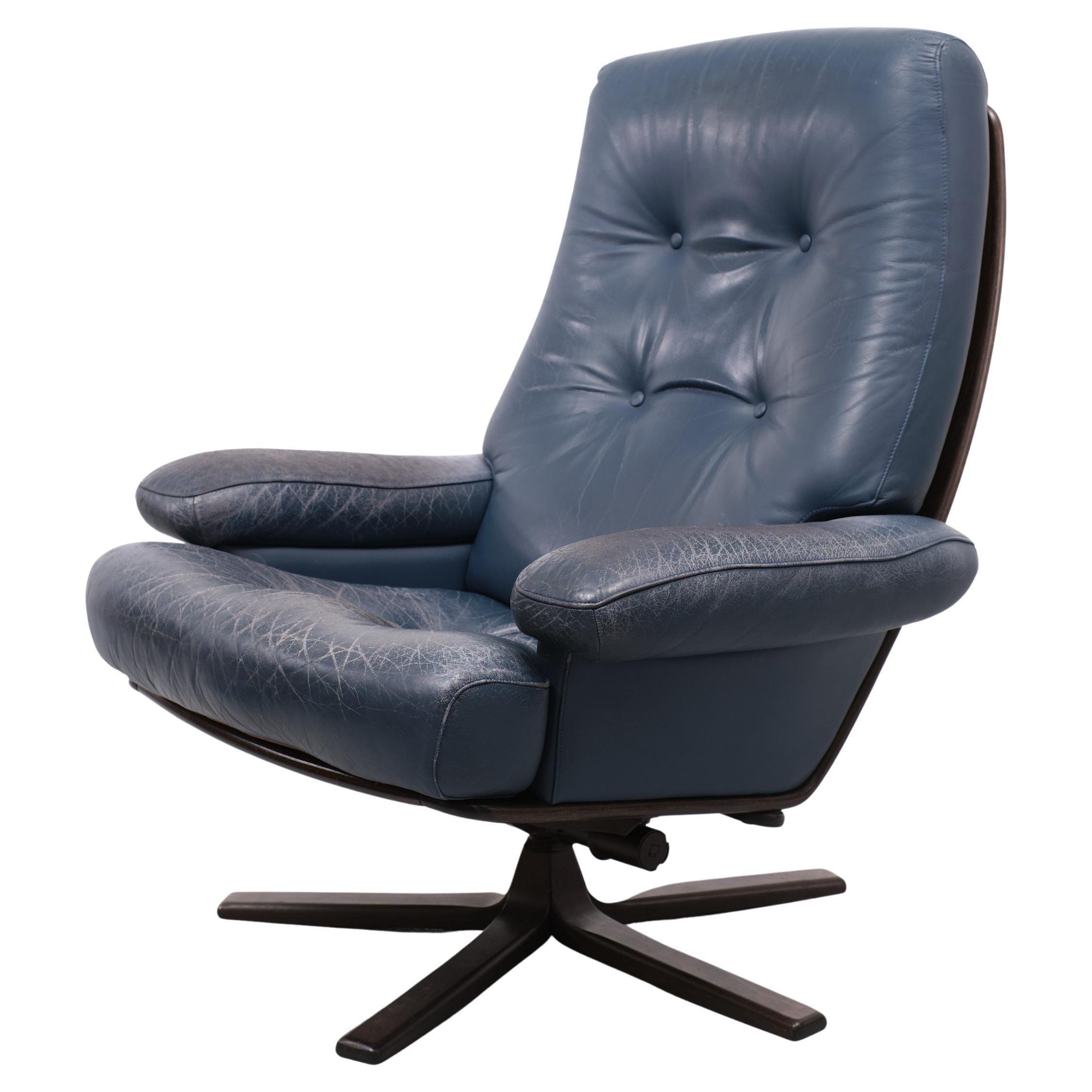 Göte Mobler Blue Leather Lounge Chair 1960s Sweden