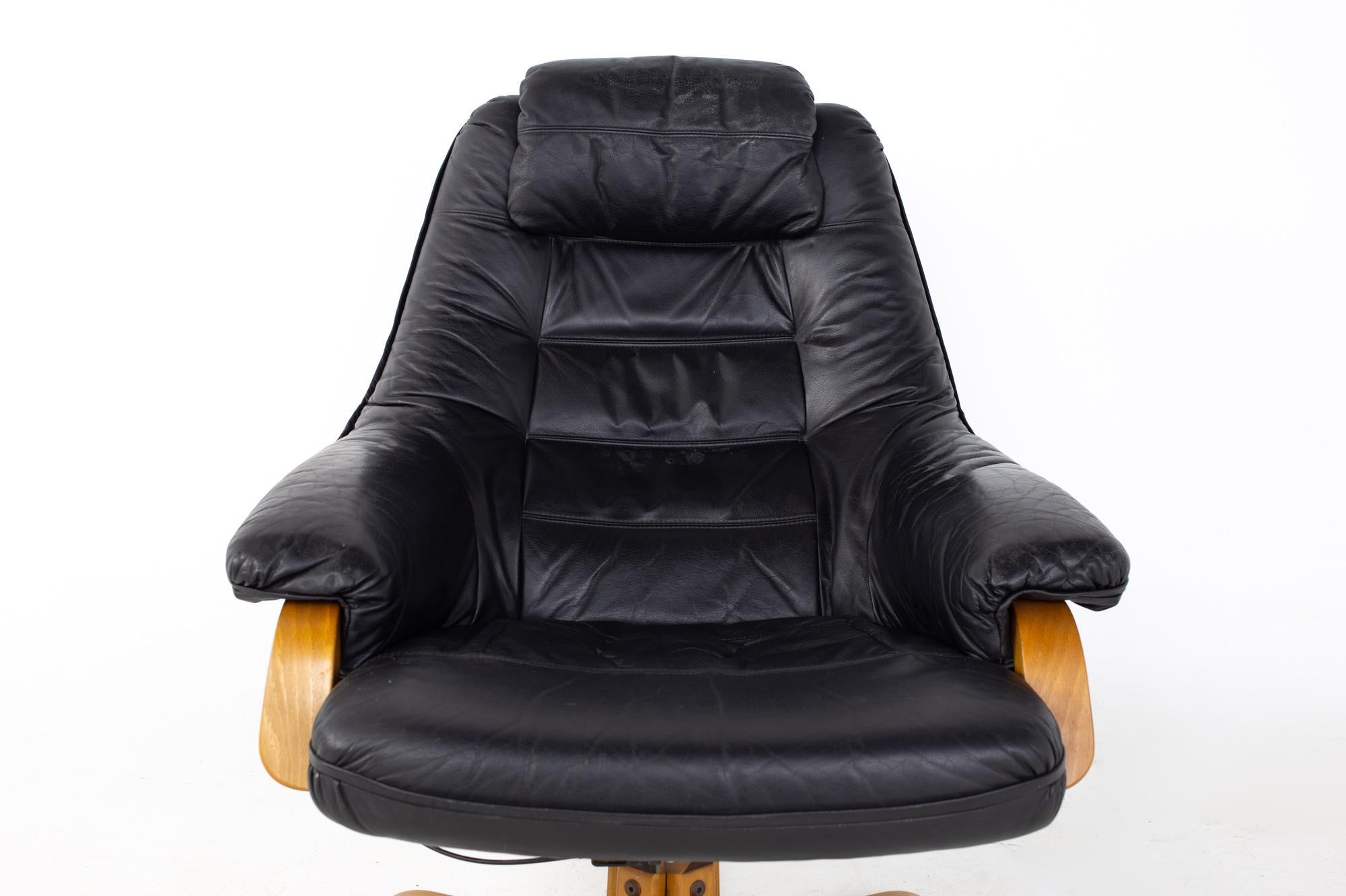 Gote Mobler Mid Century Swedish Black Leather Swivel Lounge Chair and Ottoman 2
