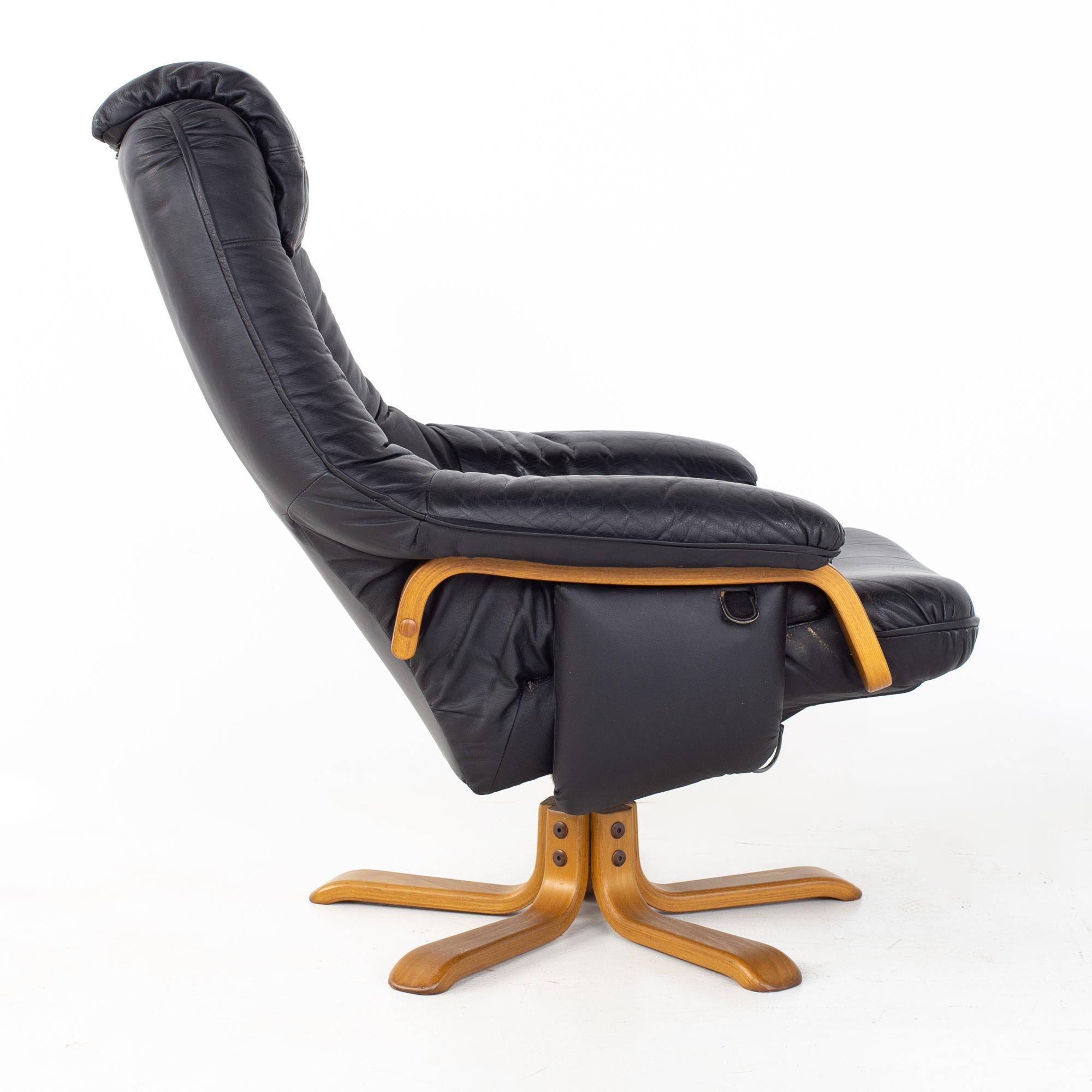 Gote Mobler Mid Century Swedish Black Leather Swivel Lounge Chair and Ottoman 3