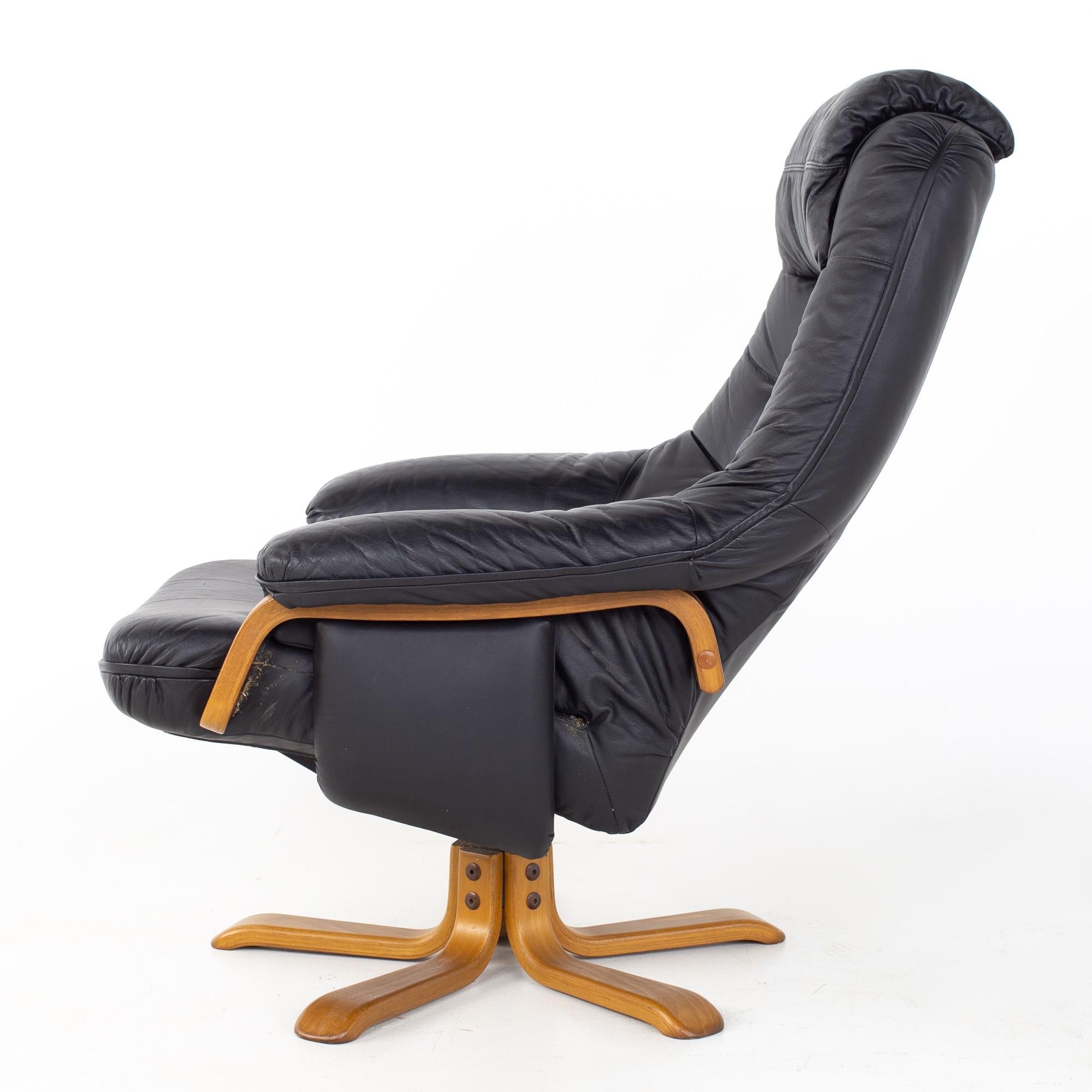 Gote Mobler Mid Century Swedish Black Leather Swivel Lounge Chair and Ottoman 4