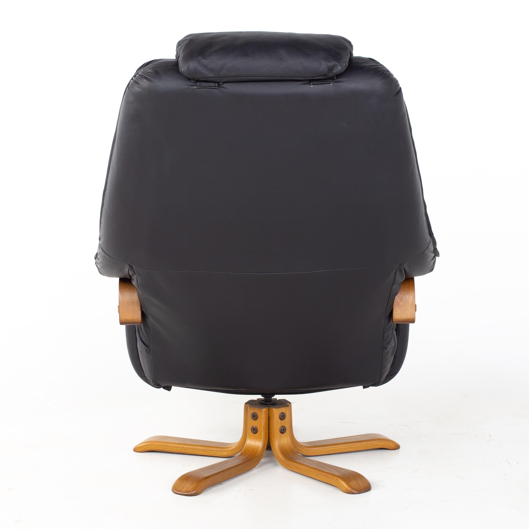 Gote Mobler Mid Century Swedish Black Leather Swivel Lounge Chair and Ottoman 5