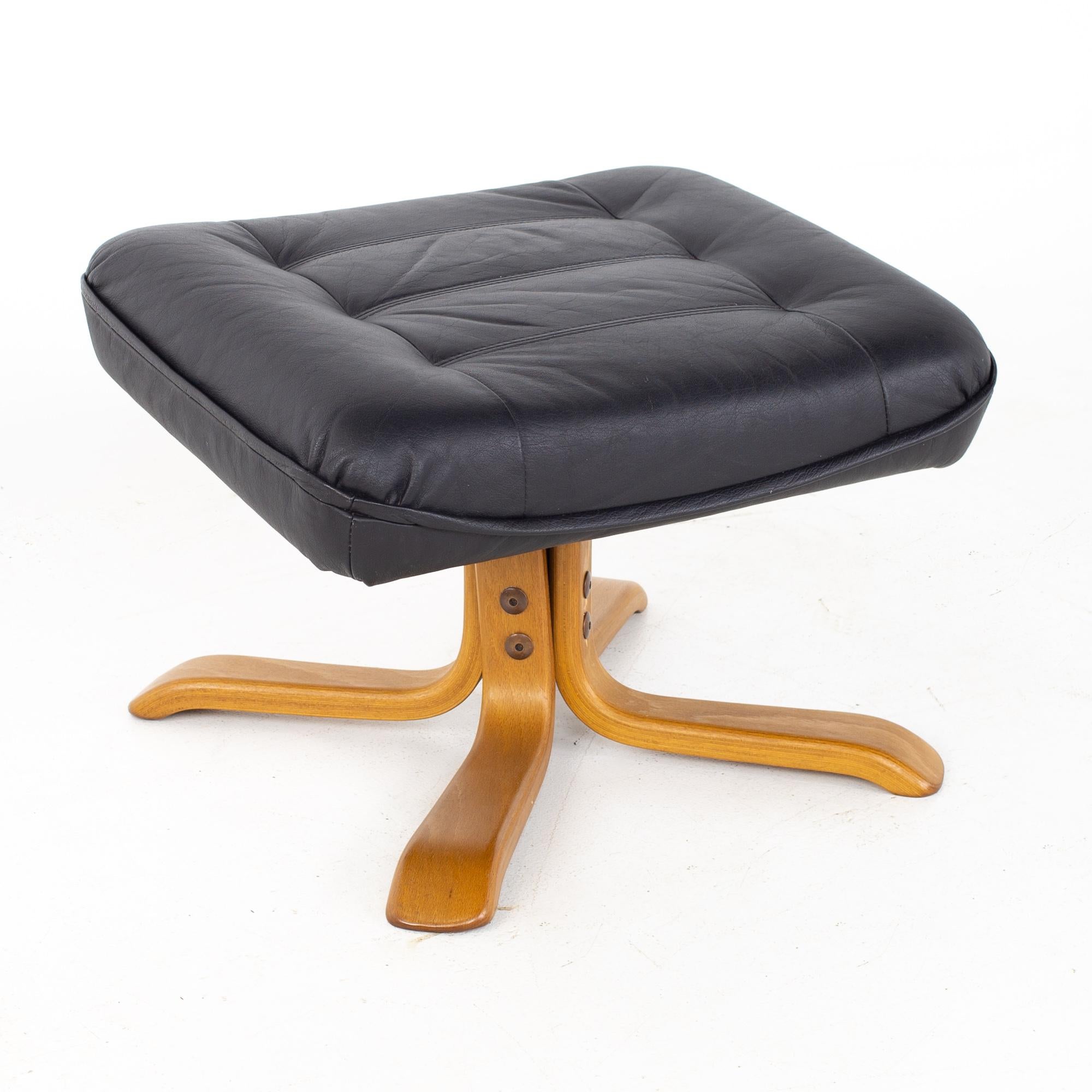 Gote Mobler Mid Century Swedish Black Leather Swivel Lounge Chair and Ottoman 6
