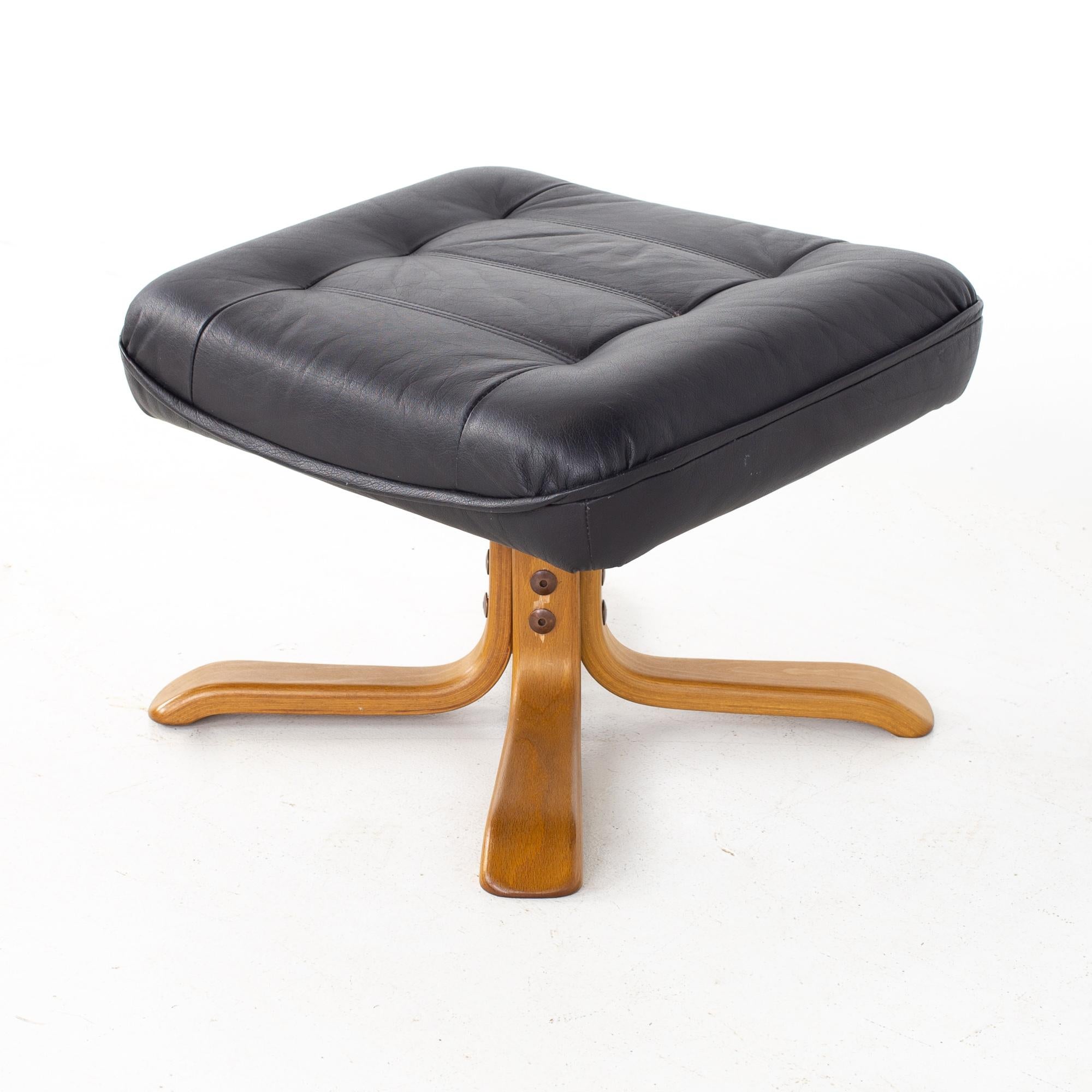 Gote Mobler Mid Century Swedish Black Leather Swivel Lounge Chair and Ottoman 7