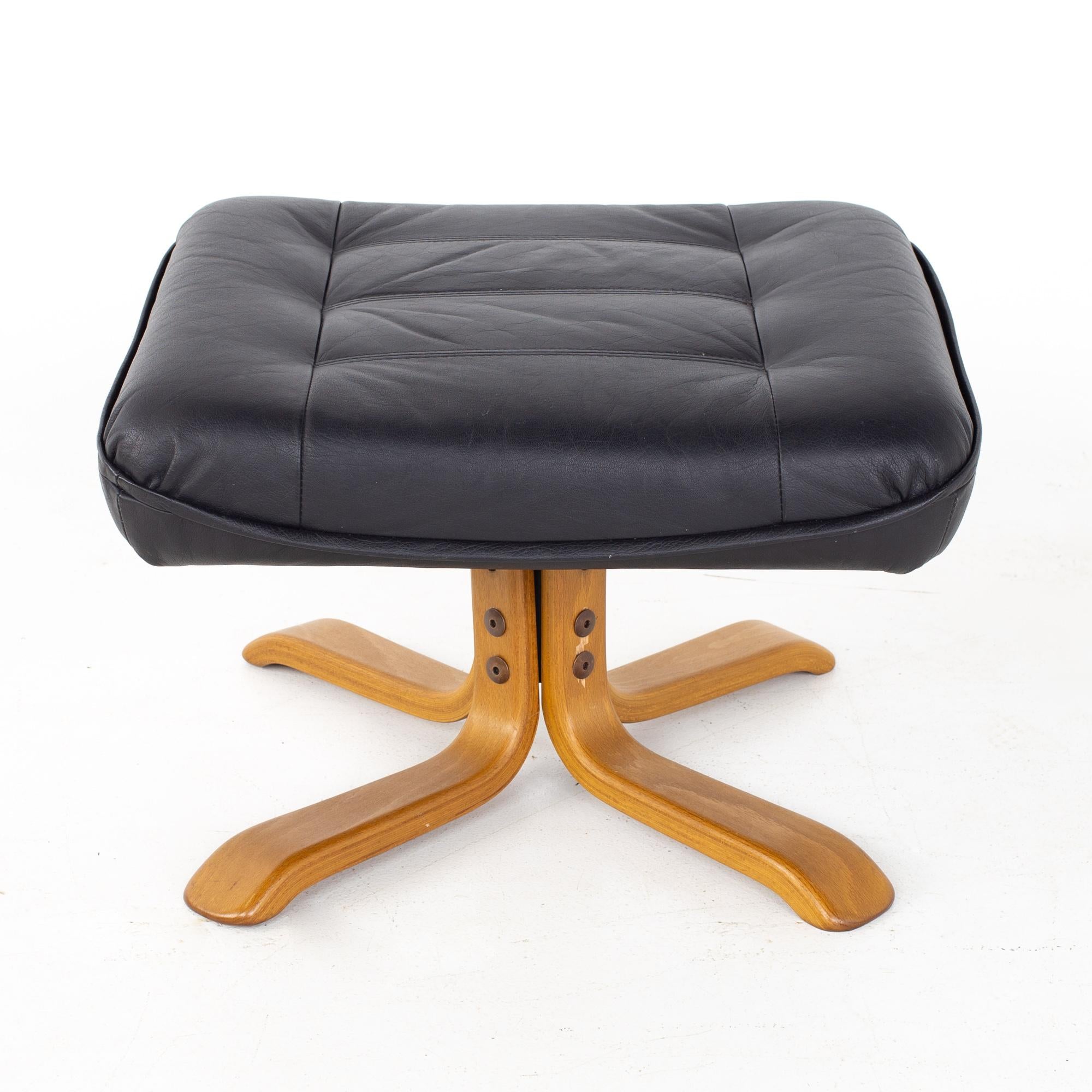 Gote Mobler Mid Century Swedish Black Leather Swivel Lounge Chair and Ottoman 8