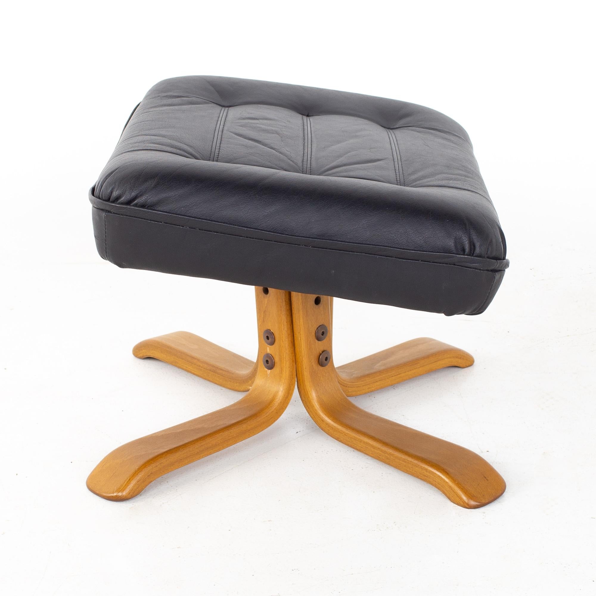 Gote Mobler Mid Century Swedish Black Leather Swivel Lounge Chair and Ottoman 9