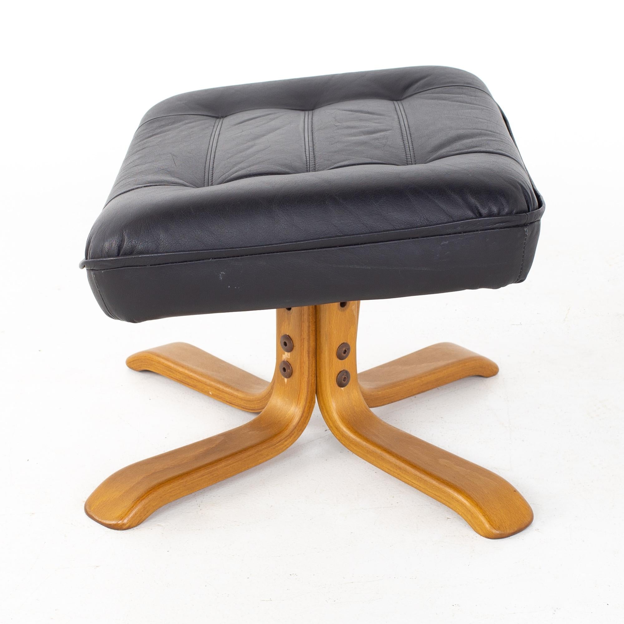Gote Mobler Mid Century Swedish Black Leather Swivel Lounge Chair and Ottoman 10