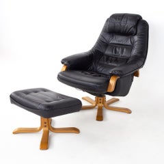 Gote Mobler Mid Century Swedish Black Leather Swivel Lounge Chair and Ottoman