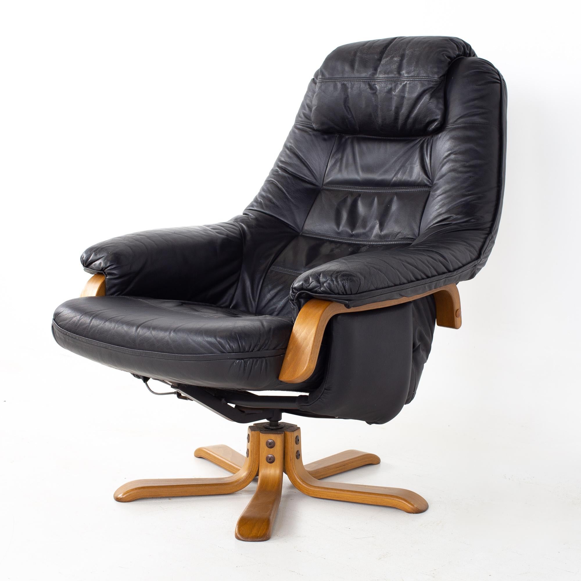Mid-Century Modern Gote Mobler Mid Century Swedish Black Leather Swivel Lounge Chair and Ottoman