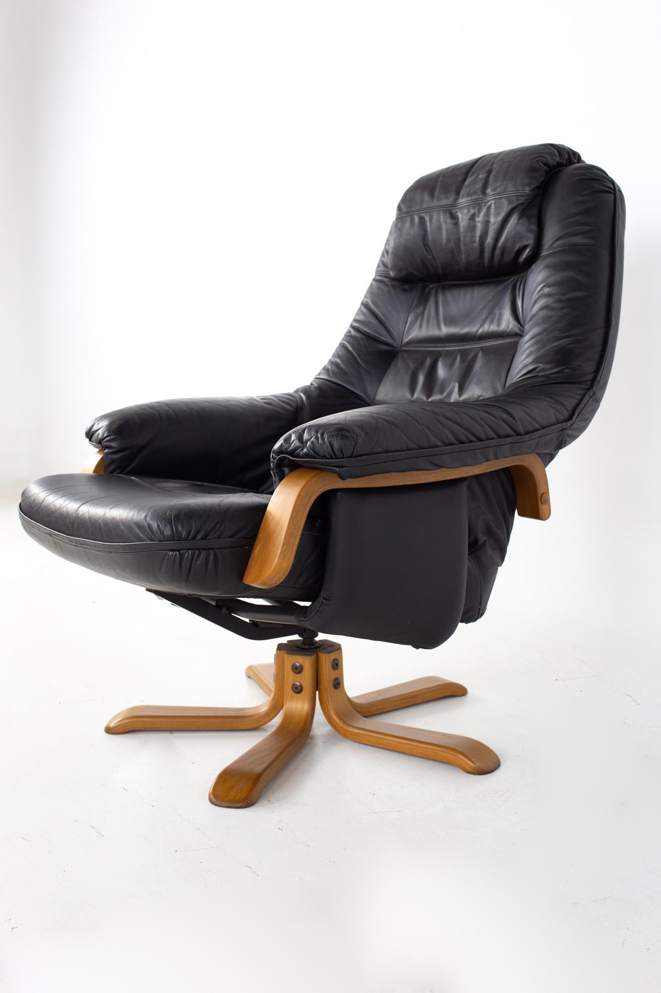 Gote Mobler Mid Century Swedish Black Leather Swivel Lounge Chair and Ottoman 1