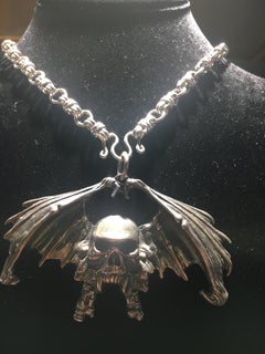 Goth Sterling Silver Necklace, Sterling Silver Link Chain With Winged Skull.