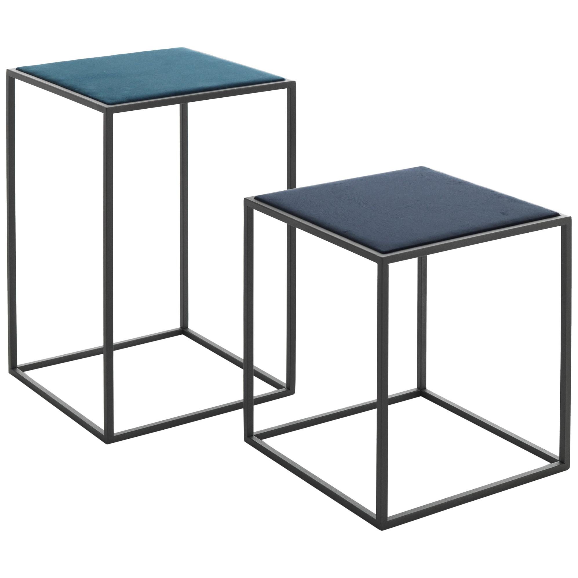 21st Century Modern Painted Steel Side Tables With Tops In Cotton Velvet For Sale