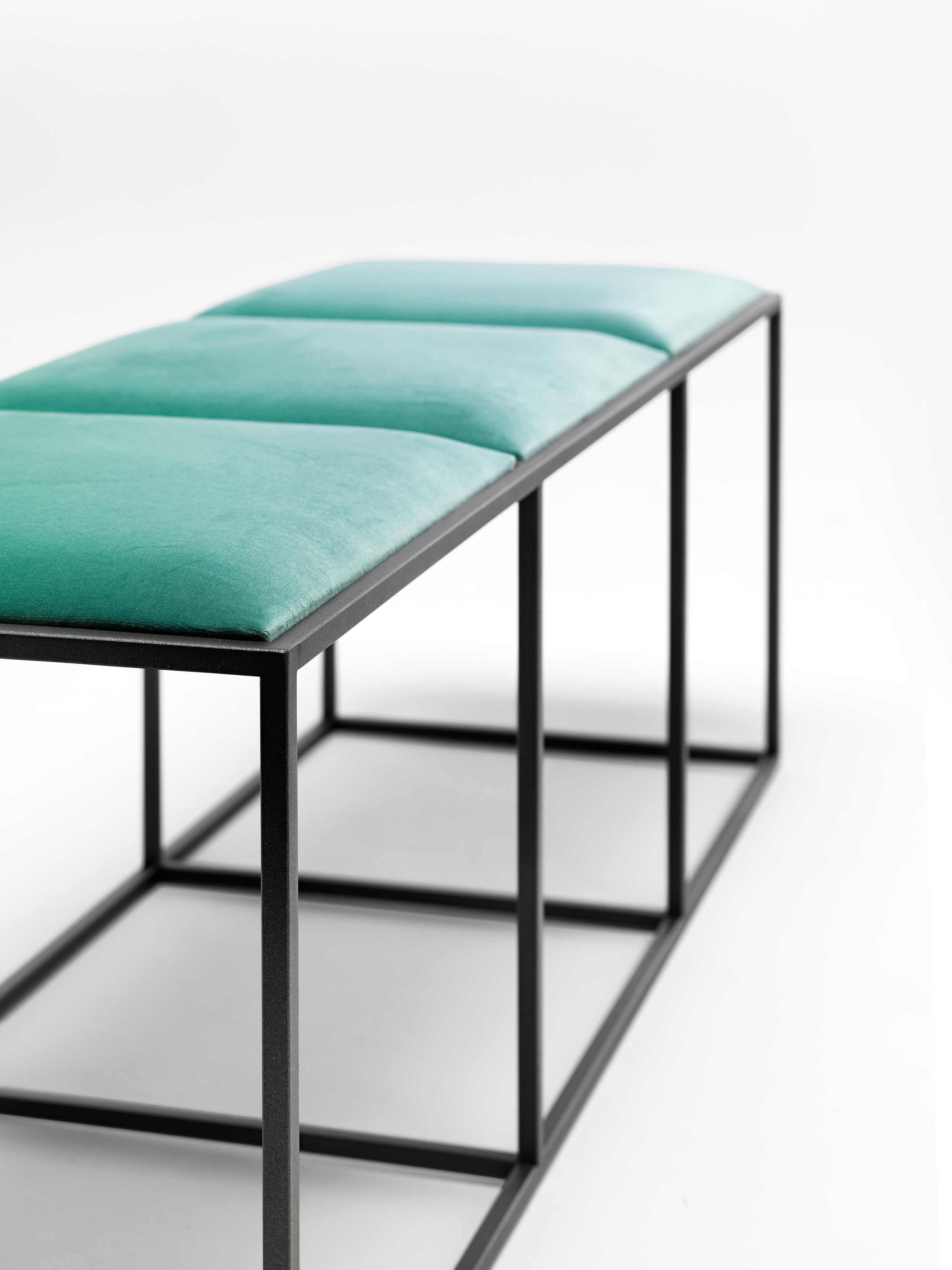 Italian 21st Century Modern Painted Steel Bench With Seats In Cotton Velvet For Sale