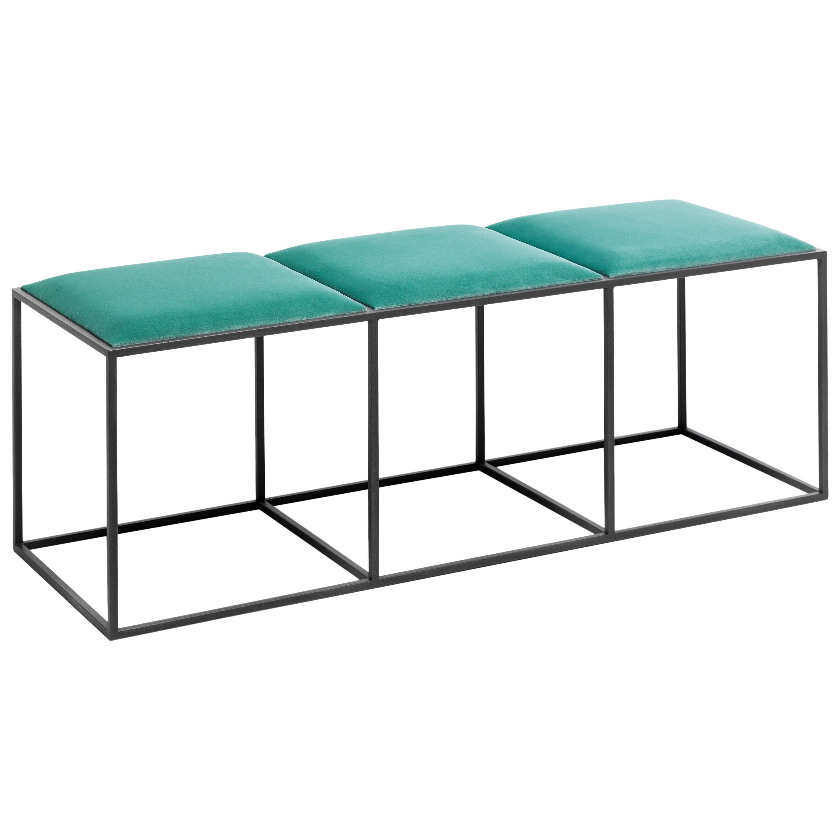 21st Century Modern Painted Steel Bench With Seats In Cotton Velvet