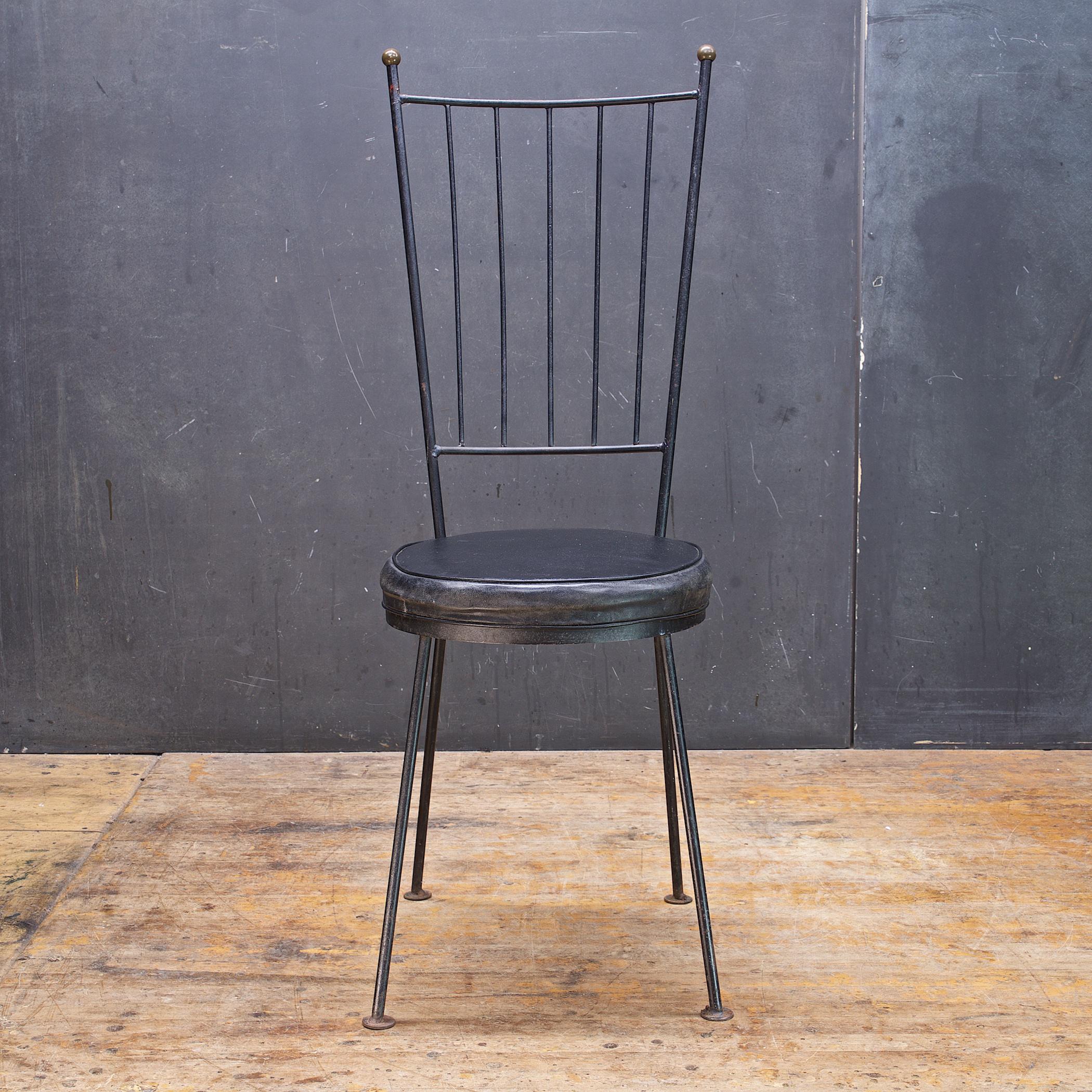 Mid-Century Modern Gothic 1950s Iron Rod Black + Brass High Back Accent Chair Vintage Minimalist