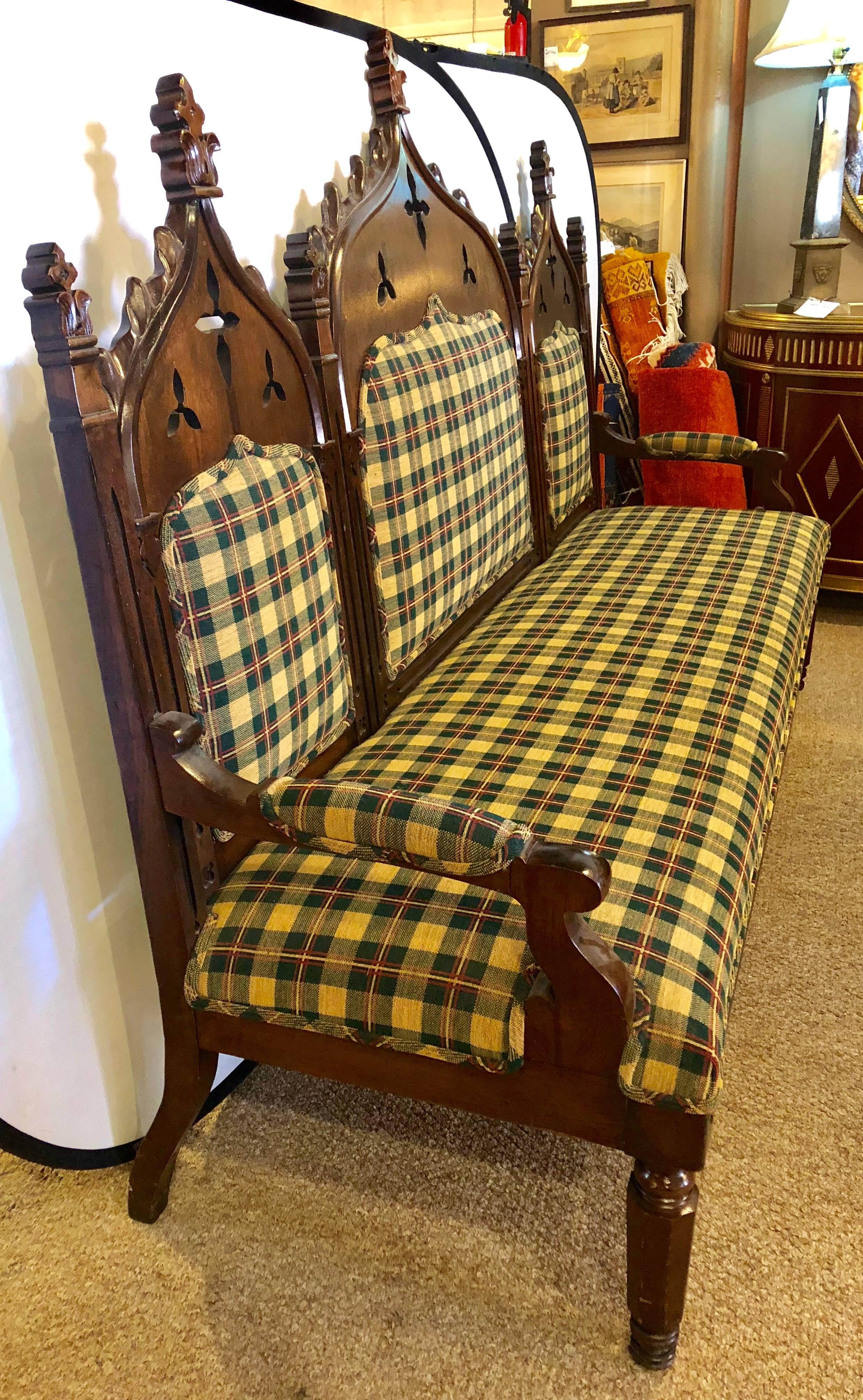 Gothic 19th Century Sofa or Hall Bench in an Irish Plaid Upholstery 6