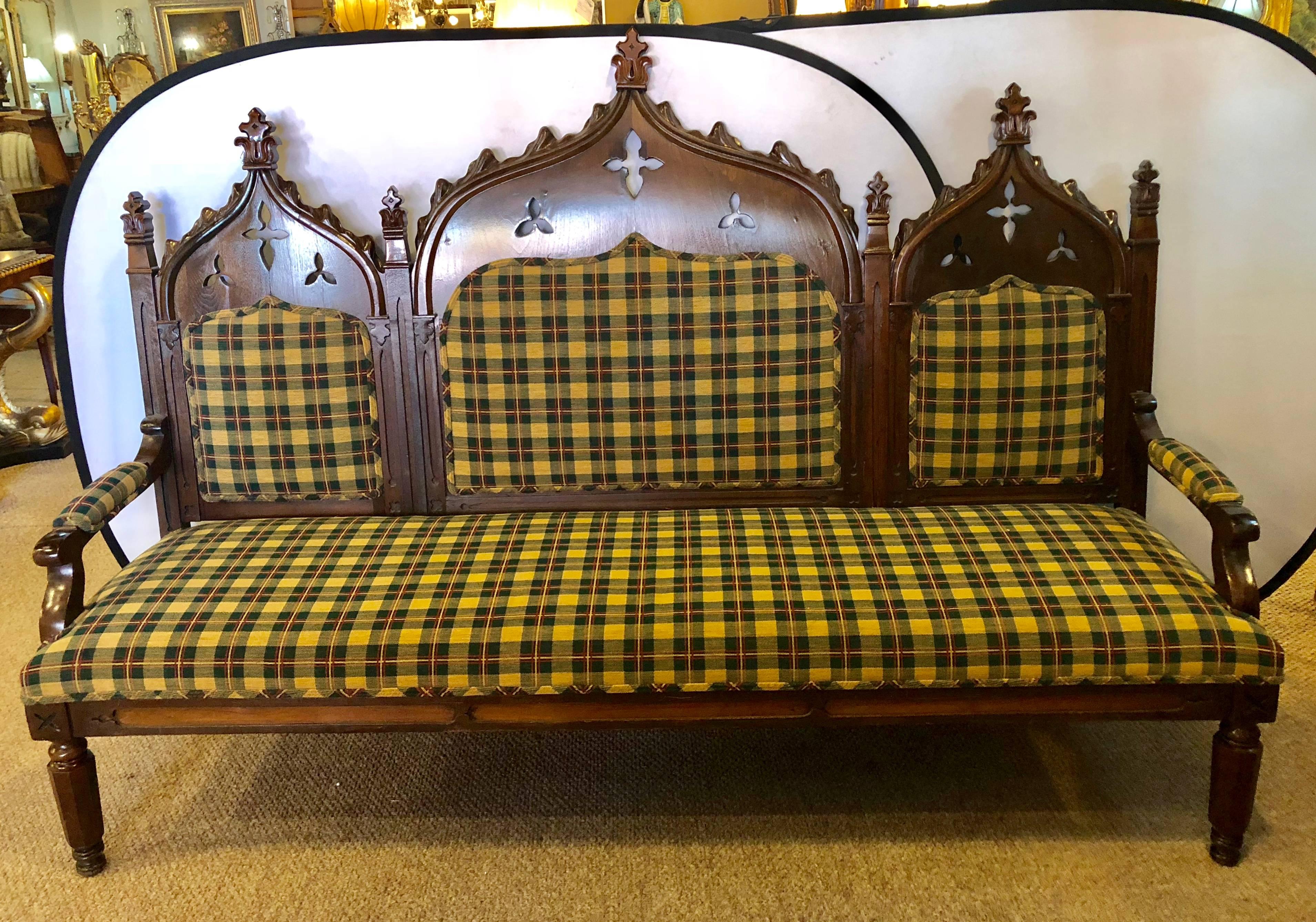 Gothic 19th Century Sofa or Hall Bench in an Irish Plaid Upholstery 9