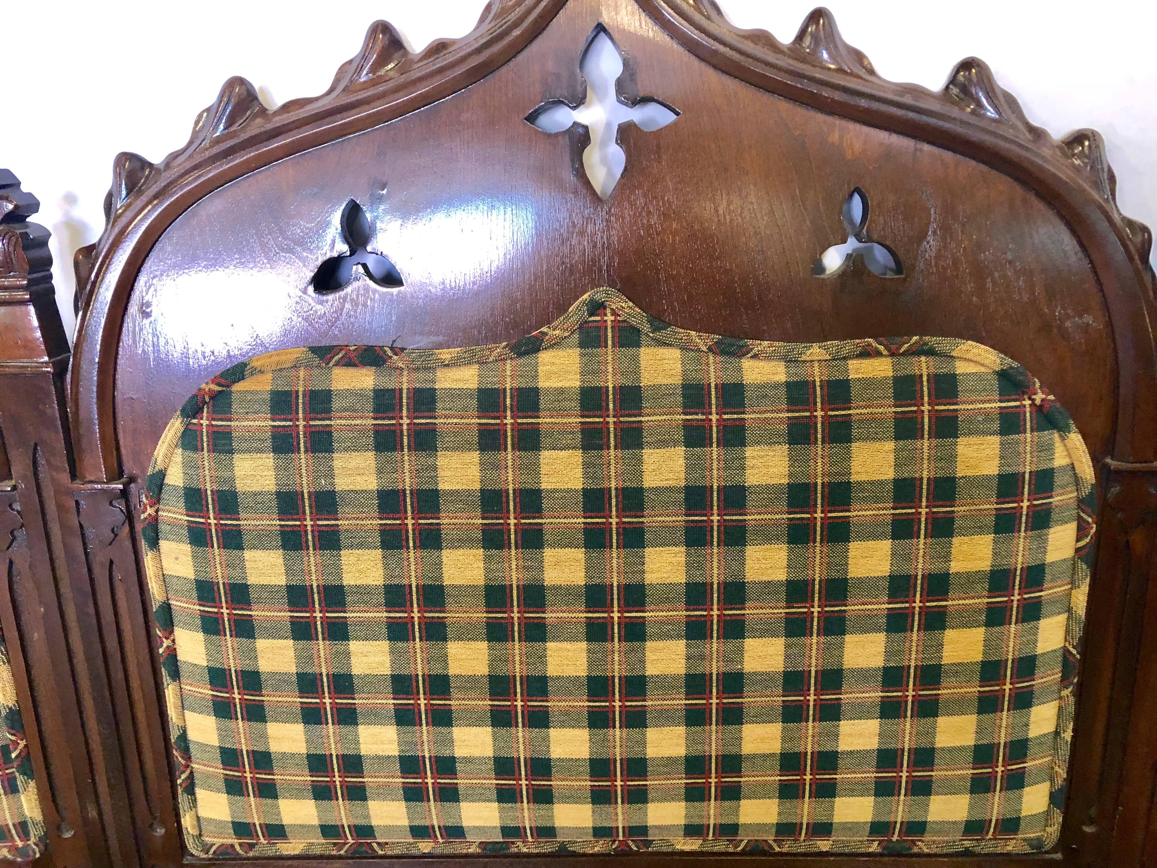 Gothic 19th Century Sofa or Hall Bench in an Irish Plaid Upholstery 10