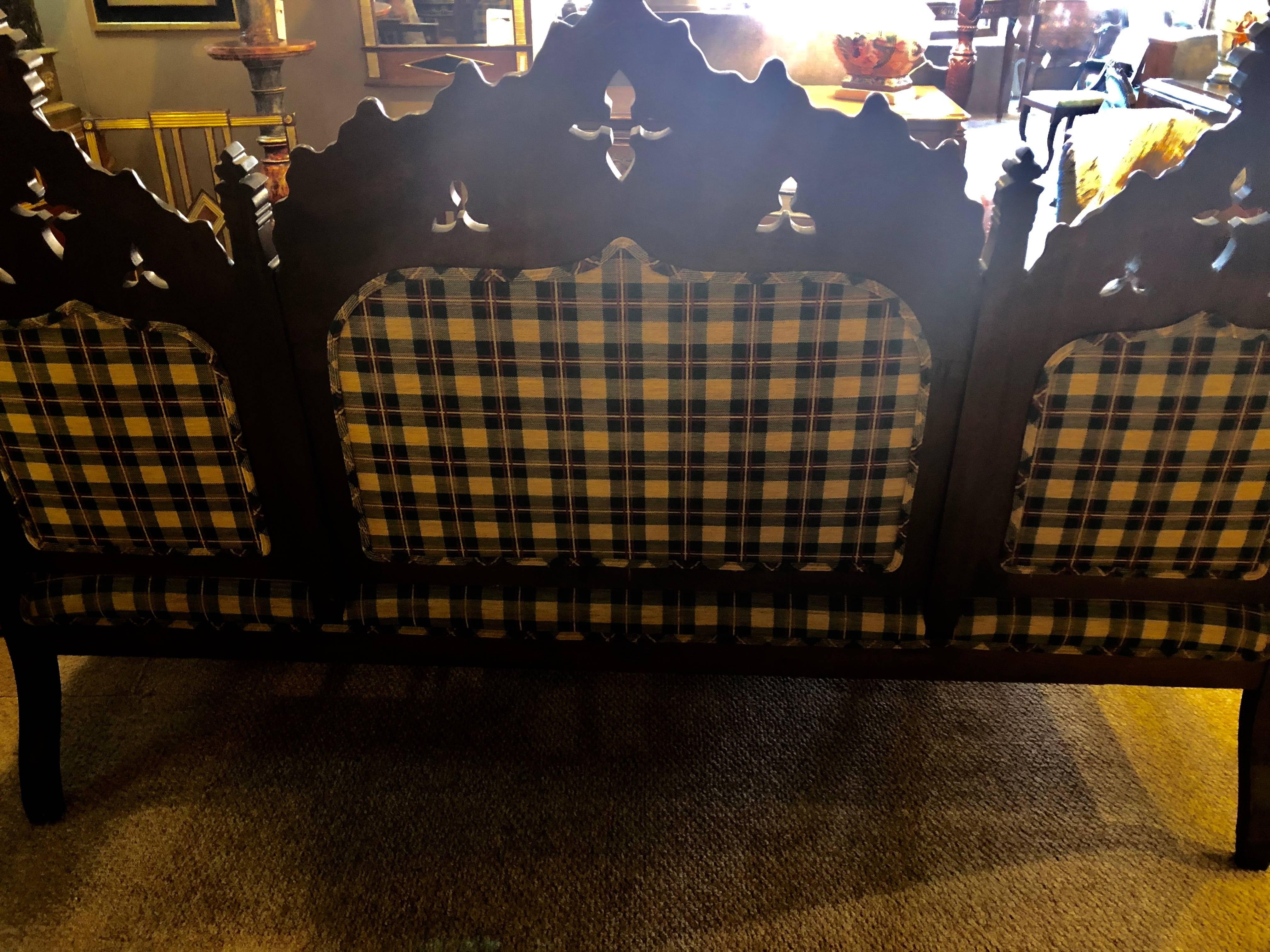 Gothic 19th Century Sofa or Hall Bench in an Irish Plaid Upholstery 14