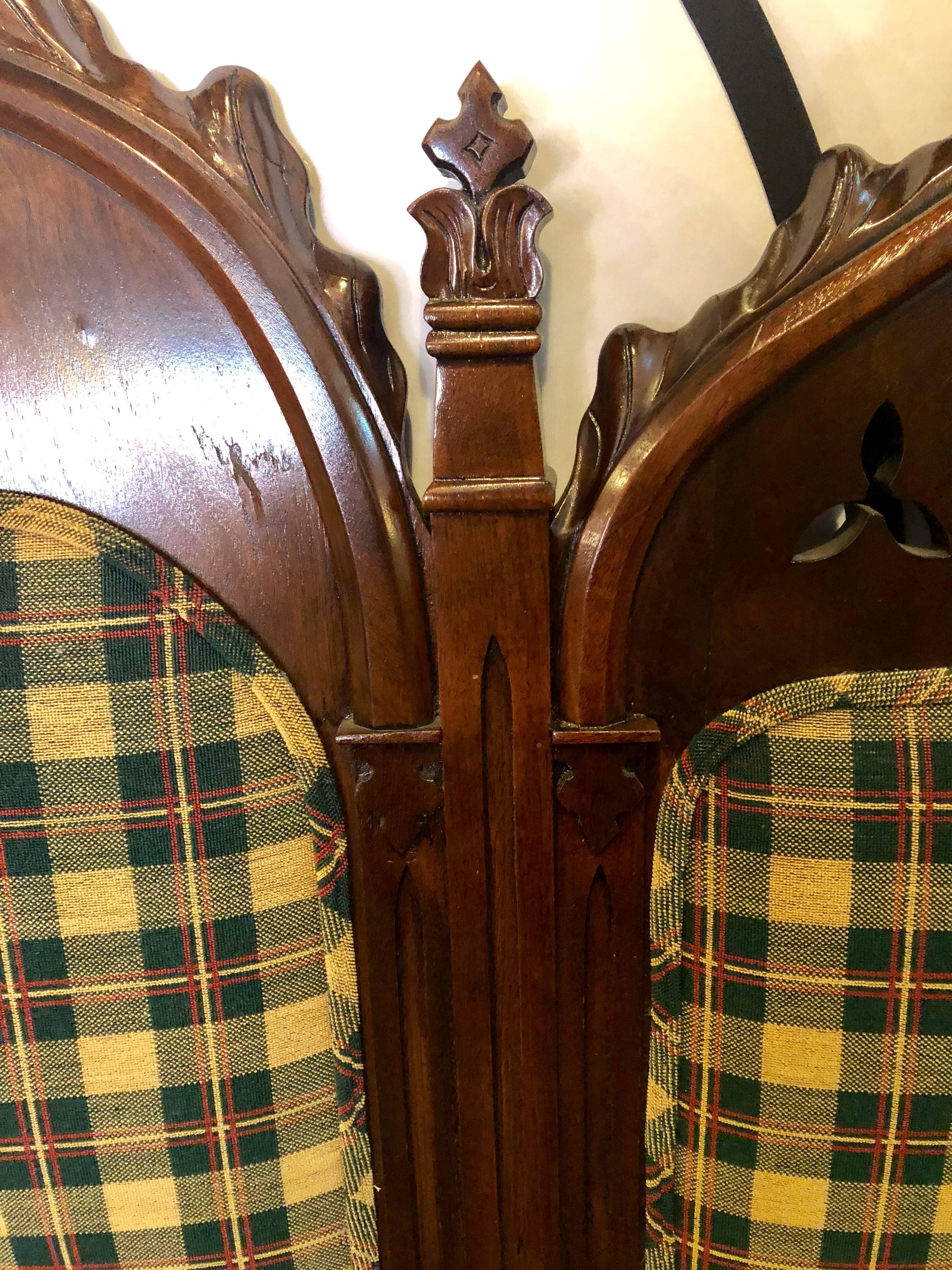 Gothic 19th Century Sofa or Hall Bench in an Irish Plaid Upholstery 3