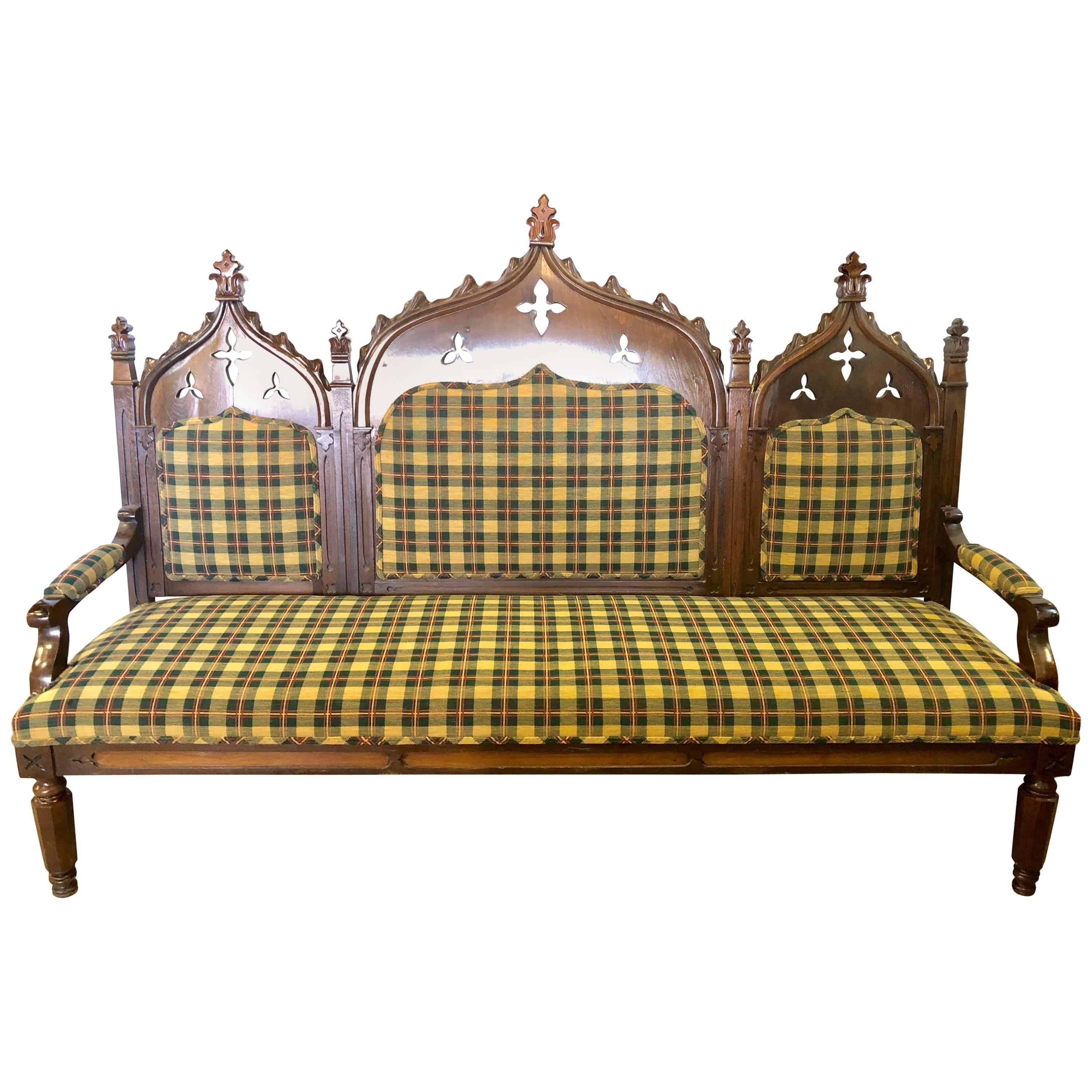 Gothic 19th Century Sofa or Hall Bench in an Irish Plaid Upholstery