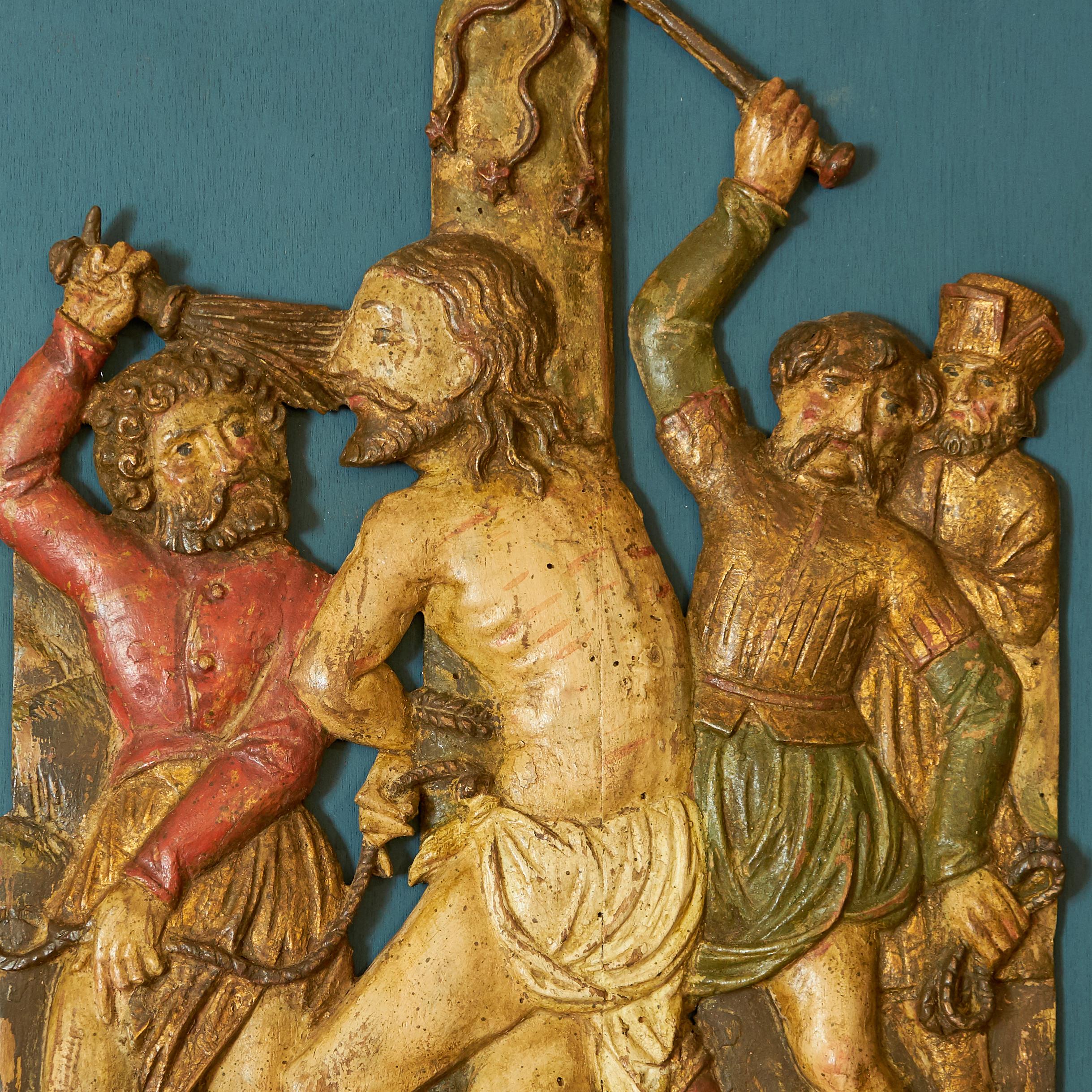 Pilate makes Jesus torture after the sentence. In the Bible the flogging is described only
briefly, but in the visual arts it has a rich tradition. Impressive in this framed altarpiece is the
contrast between Jesus' subdued attitude and the