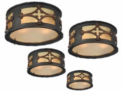 Gothic Iron and Brass Frosted Amber Glass Flushmounts