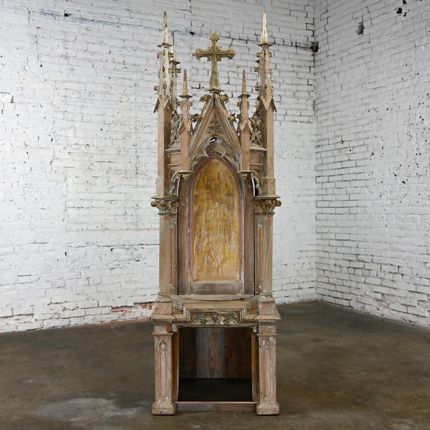 Marvelous antique Gothic Architectural Ecclesiastic church spire or steeple with pivoting shrine & distressed finish. Beautiful condition, keeping in mind that this is vintage and not new so will have signs of use and wear even if it has been