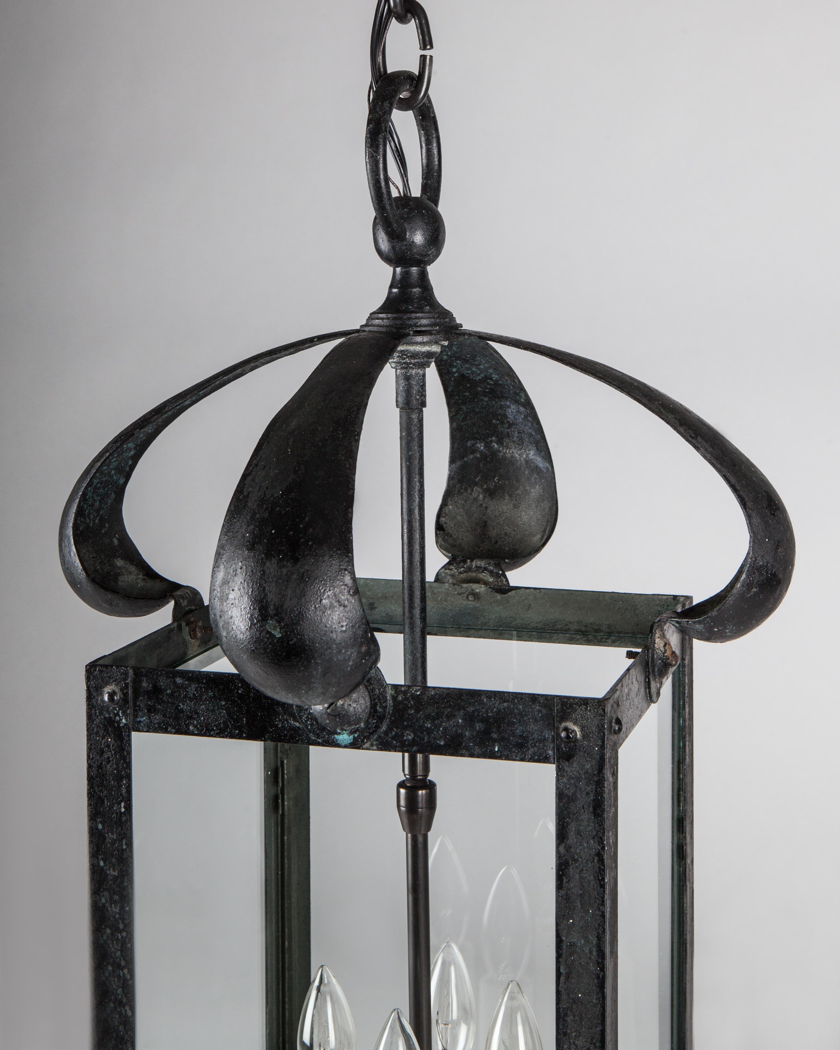 Gothic Antique Four Sided Blackened Wrought Brass Lantern with Clear Glass, Circa 1910s For Sale
