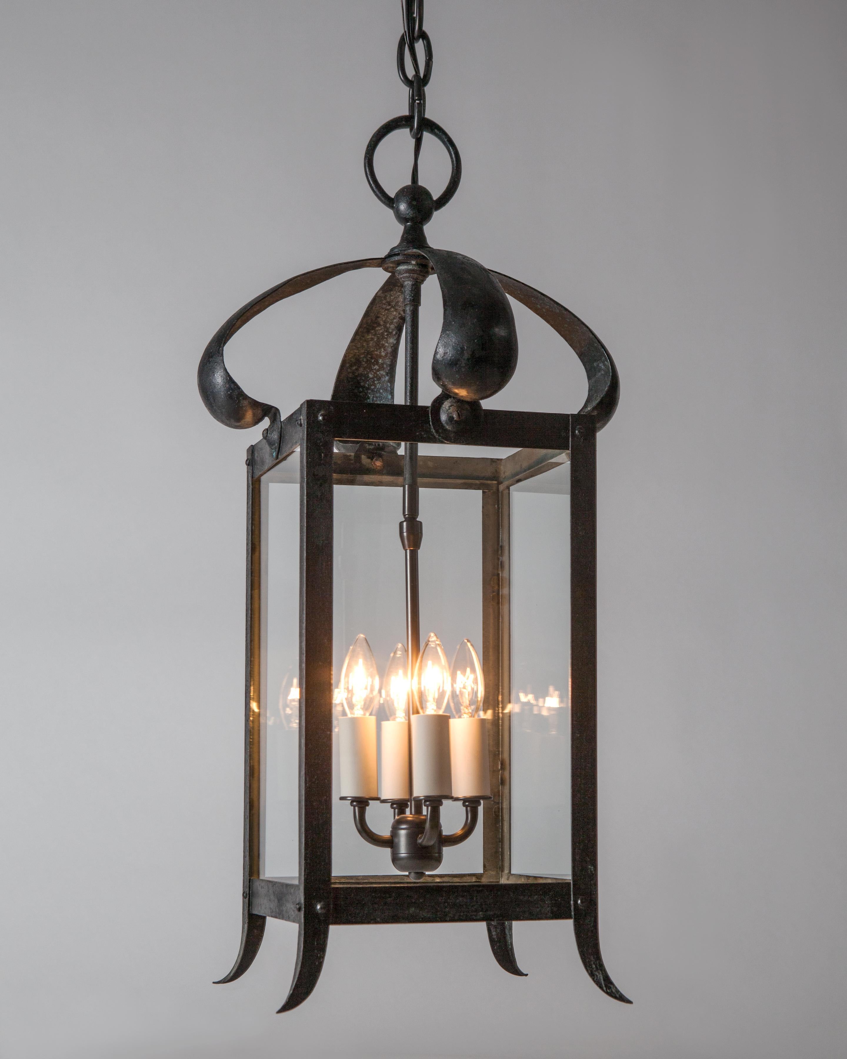 20th Century Antique Four Sided Blackened Wrought Brass Lantern with Clear Glass, Circa 1910s For Sale