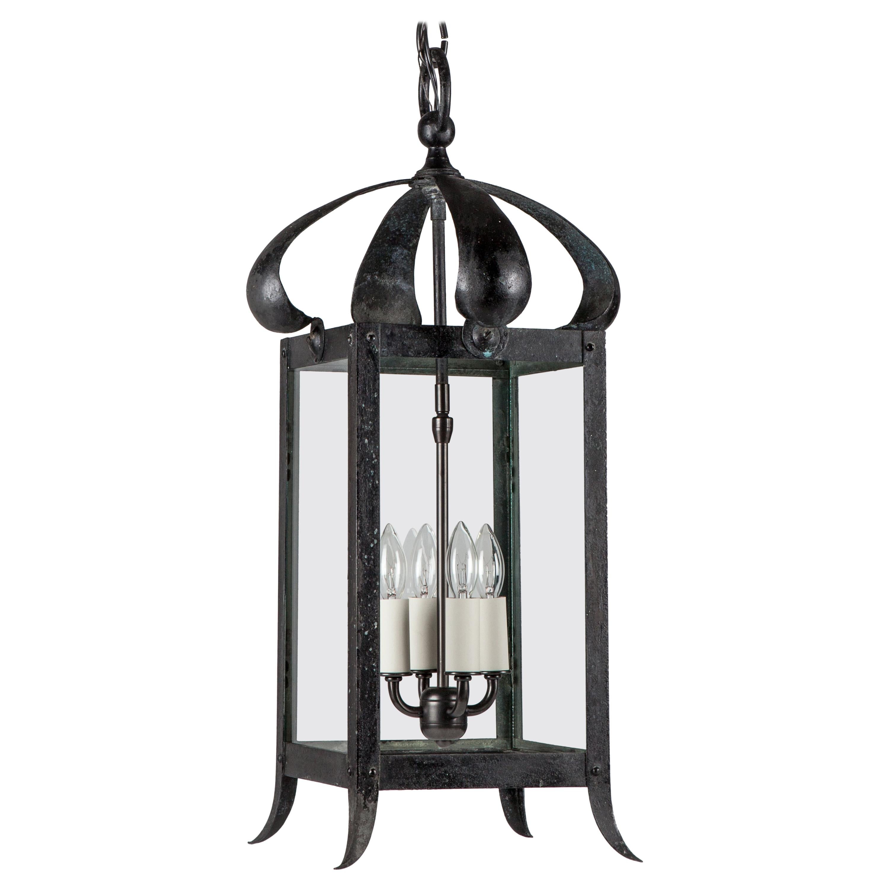 Antique Four Sided Blackened Wrought Brass Lantern with Clear Glass, Circa 1910s