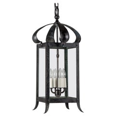 Antique Four Sided Blackened Wrought Brass Lantern with Clear Glass, Circa 1910s