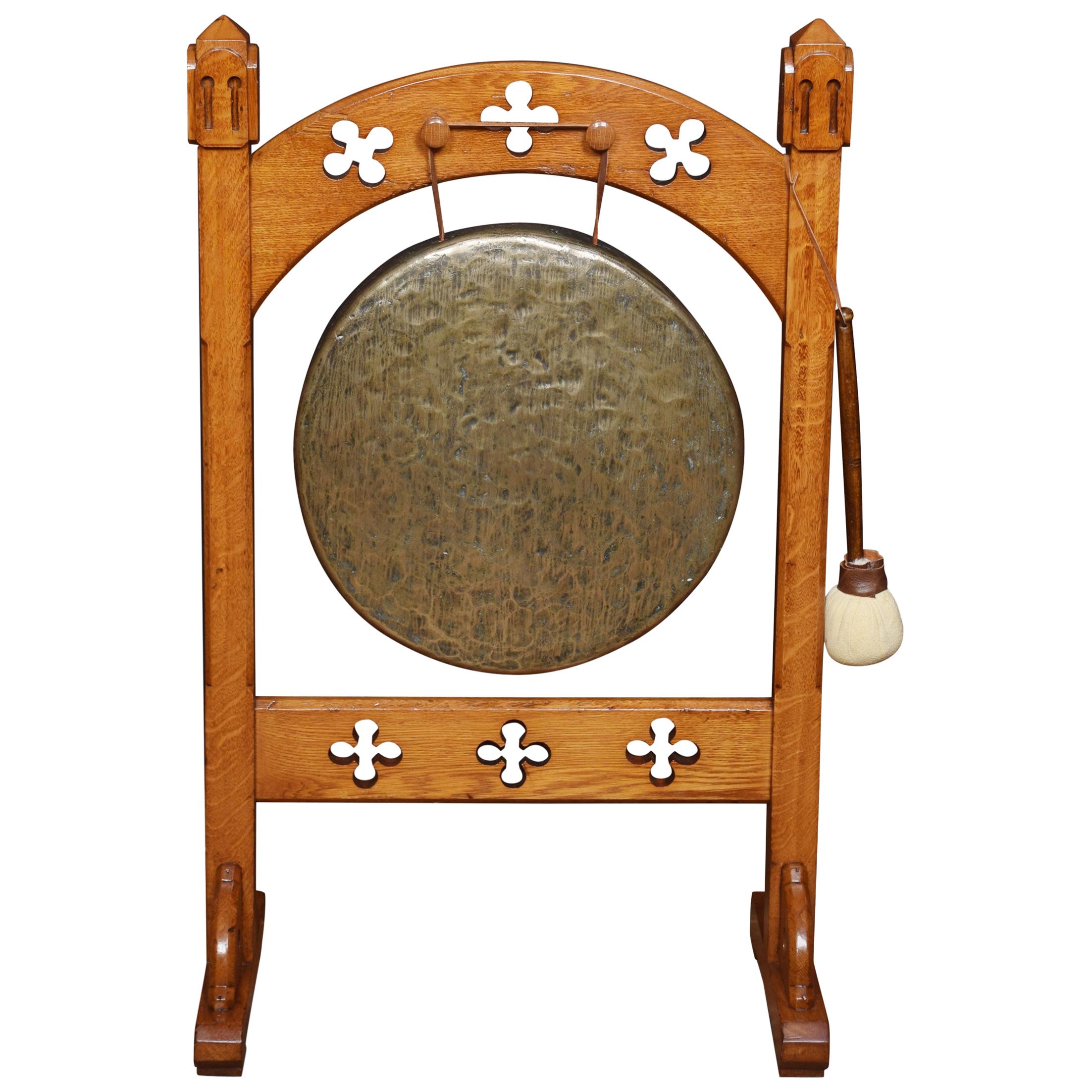 Gothic Brass and Oak Dinner Gong For Sale