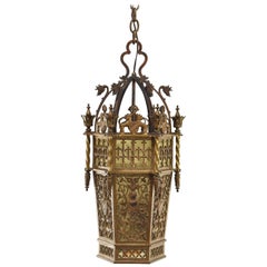 Gothic Brass and Slag Glass Chandelier in the Style of Oscar Bach