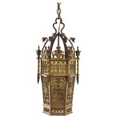 Antique Gothic Brass and Slag Glass Chandelier in the Style of Oscar Bach