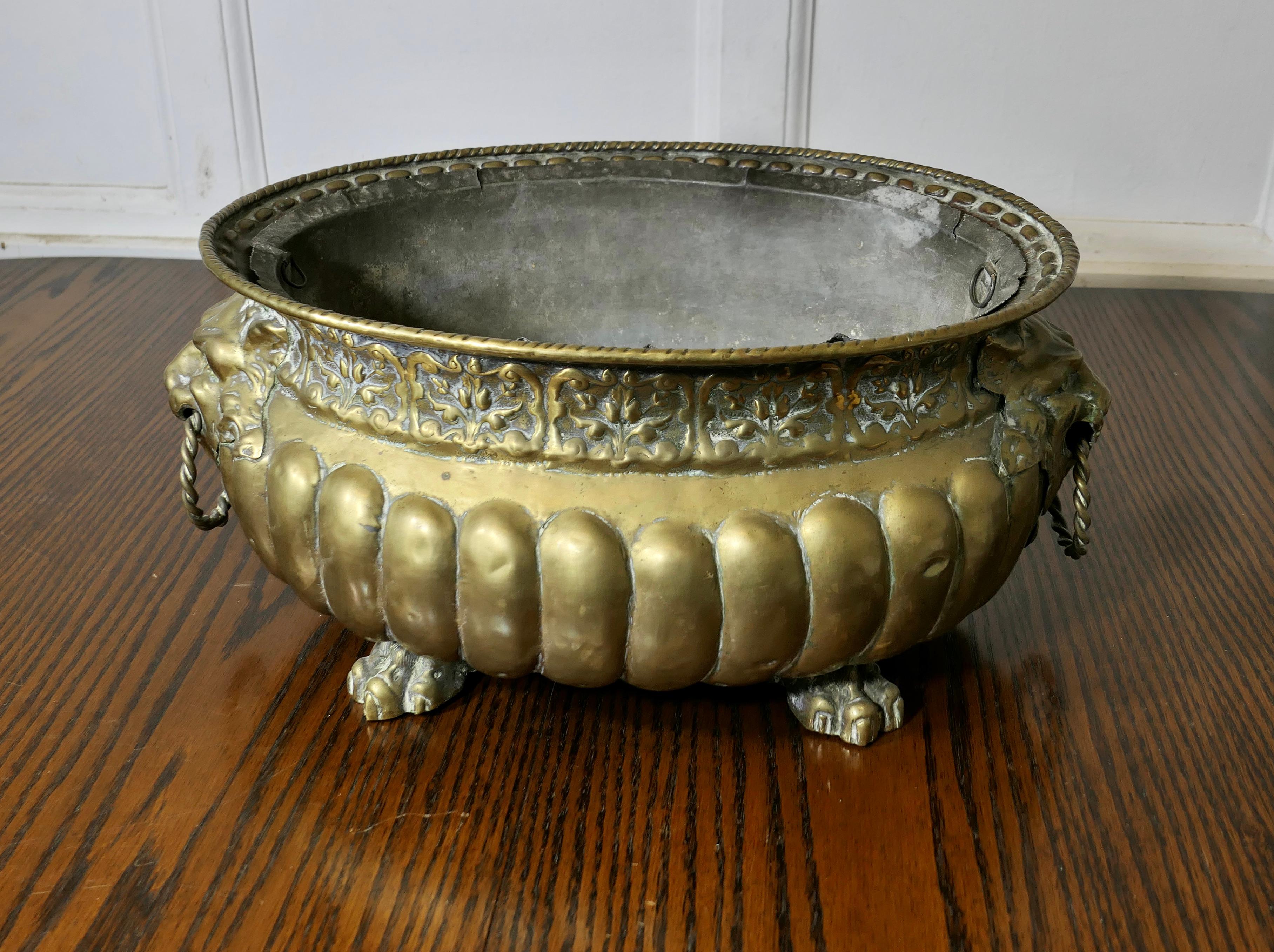 Jardiniere gotico in ottone con manici a forma di maschera di leone e rivestimento

Si tratta di un pezzo molto antico e ha la sua fodera di piombo originale.
Il vaso è ovale ed è realizzato in ottone con una decorazione battuta a mano e manici a